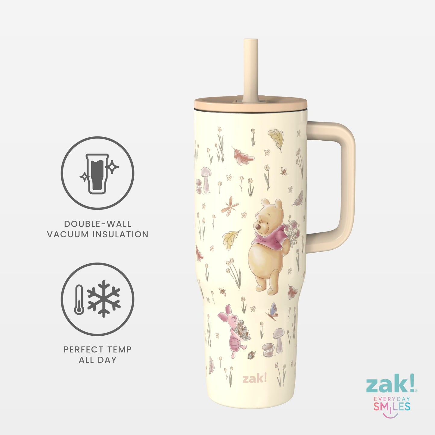 Zak Designs Disney Winnie the Pooh Sutton Travel Tumbler for On the Go, 30oz Stainless Steel with Vacuum Insulation, Silicone Straw, and Carry Handle for Cold Drinks (Pooh and Friends)