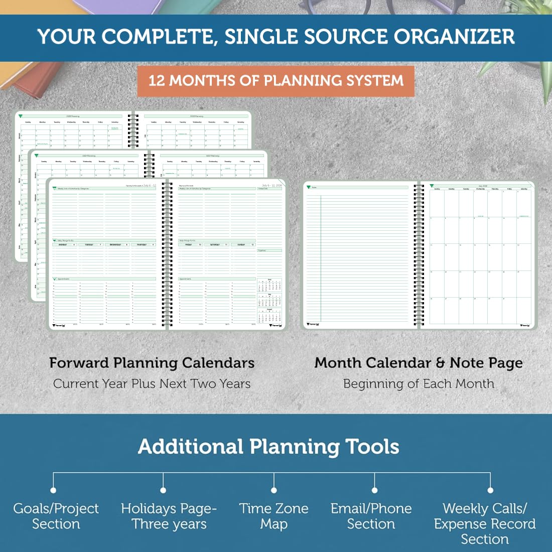 Planner Pad Spiral Bound July 2026 – June 2027 / Academic Year 8 1/2" x 11" 3-Tier Funnel Down 12 Month Large Size Organizer, Greenish Grey Cover/Soft Green Ink