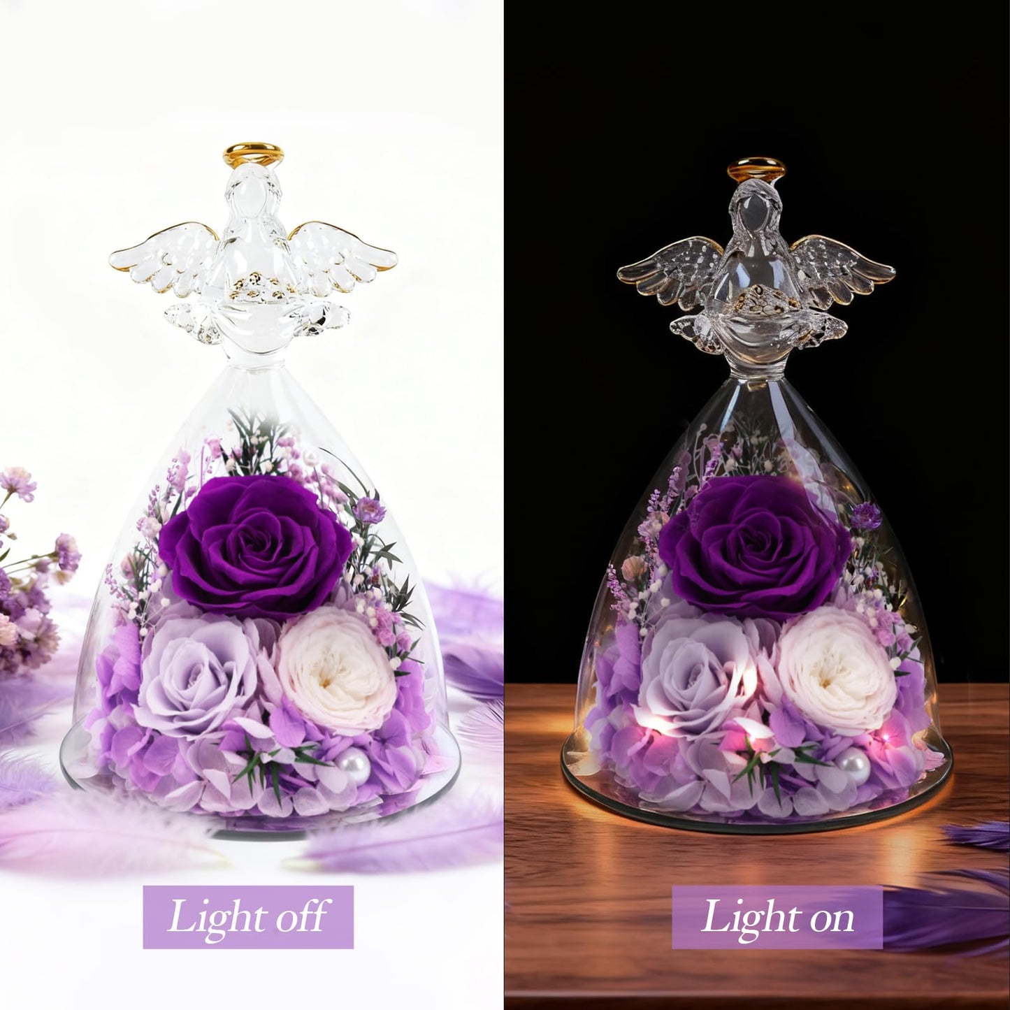 Casaido Mothers Day Rose Gifts for Women, 7" Purple Preserved Roses Flowers in Glass Angel Figurine, Birthday Gift for Mom Wife Grandma, Eternal Rose for Valentines Christmas Anniversary