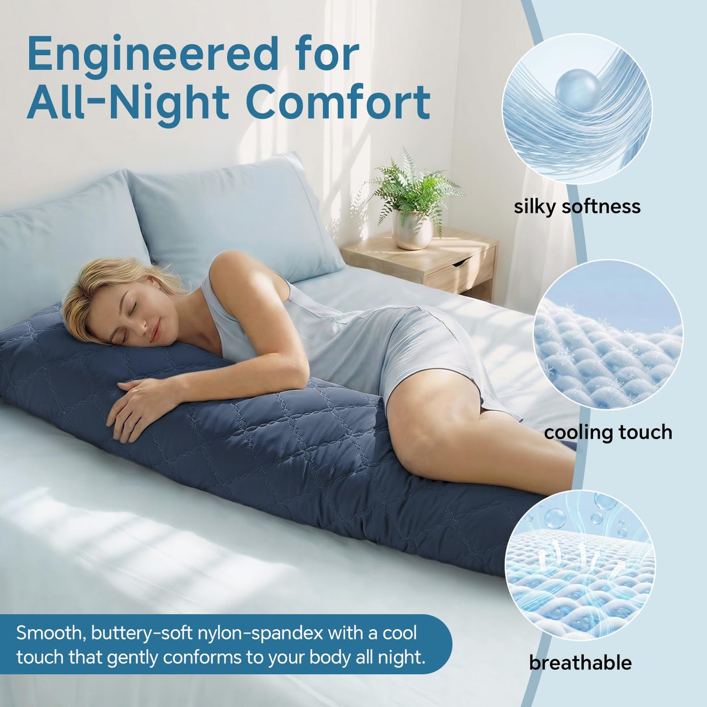 BEDELITE Cooling Body Pillow for Adults, Creative Ultra Soft Cool-Touch Quilted Nylon-Spandex Body Pillow Cover, Adjustable Memory Foam Long Pillow for Side Sleepers, Pregnancy & Back Pain(Navy Blue)