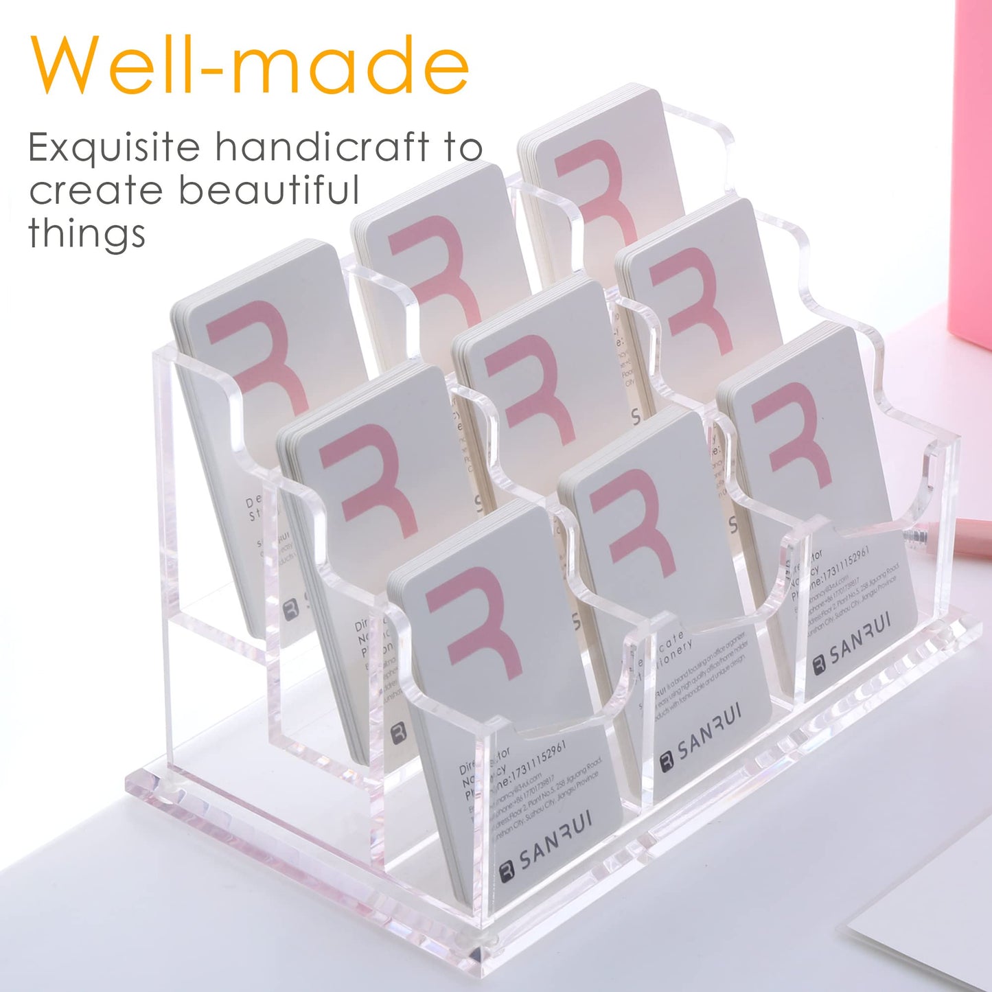 SANRUI Vertical Business Card Holder for Desk，Clear Acrylic Business Card Display Stand，9 Slots 3 Tier ，Holds 450 Cards