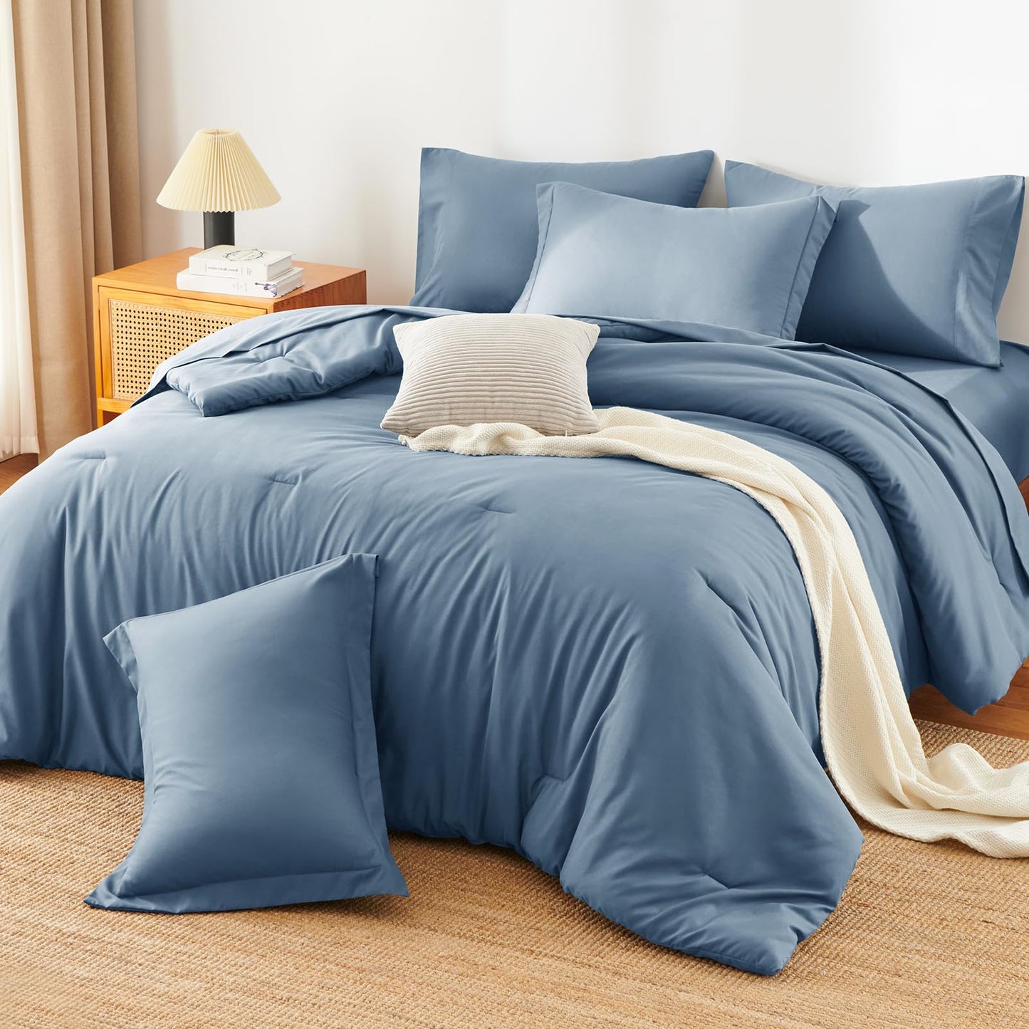 HIMEET Queen Size Comforter Sets - 7 Pieces Bed in a Bag Queen, Luxury Comforter Set with Sheets for All Season, Bed Set with Comforter, Flat Sheet, Fitted Sheet, Pillowcases & Shams, Grayish Blue