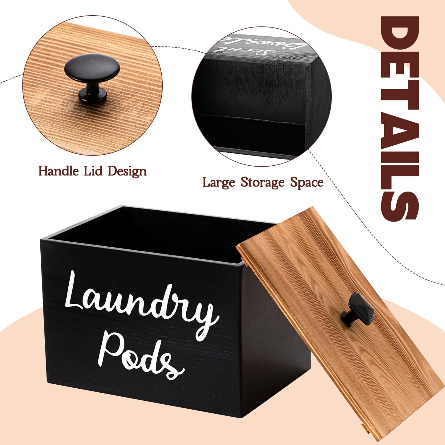 Dandat 3 Pcs Wood Laundry Pods Container Farmhouse Decoration Laundry Room Organization and Storage, Rustic Dryer Sheet Holder Scent Booster Container Set with Scoop(Black)
