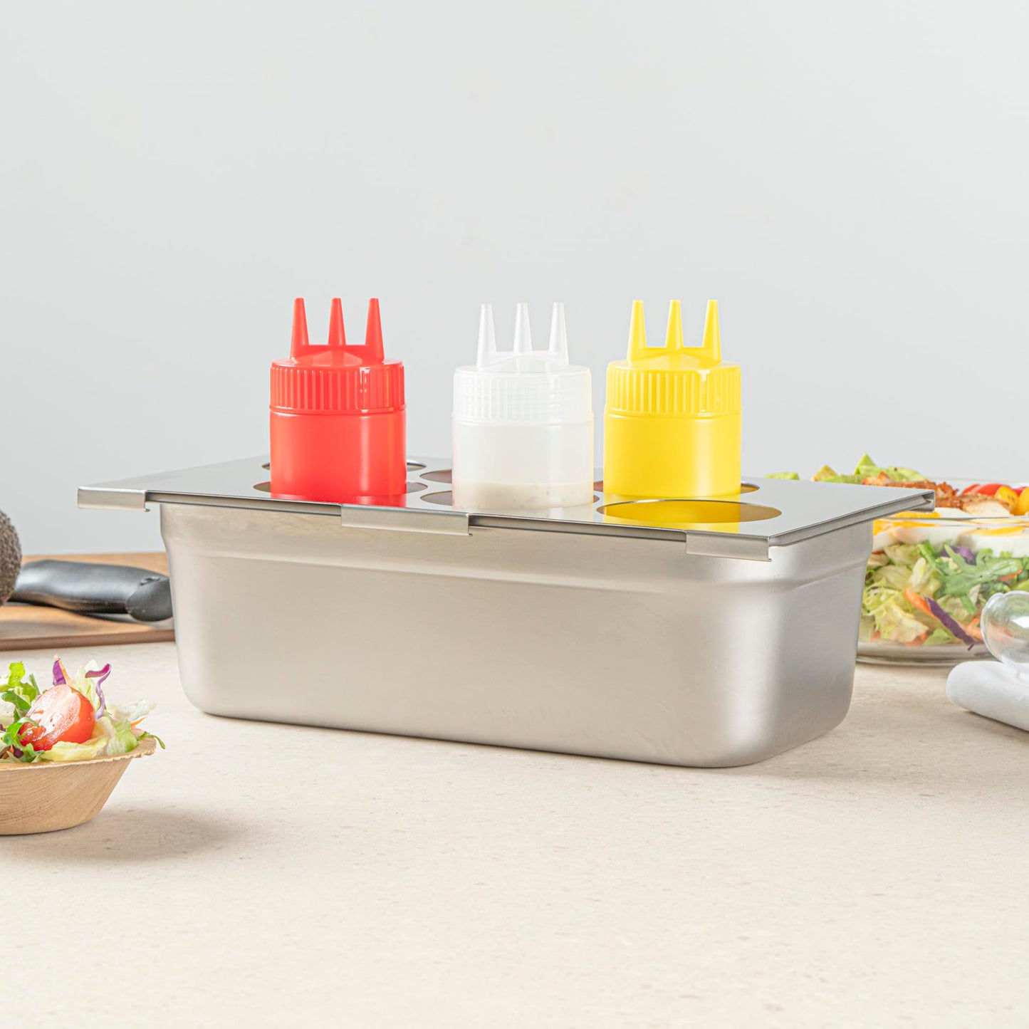 Restaurantware Six Hole Condiment Organizer - 12.795 x 7.087 Inch Stainless Steel Squeeze Bottle Holder With Compact Design For Kitchen Prep Stations - Silver Durable Sauce Rack