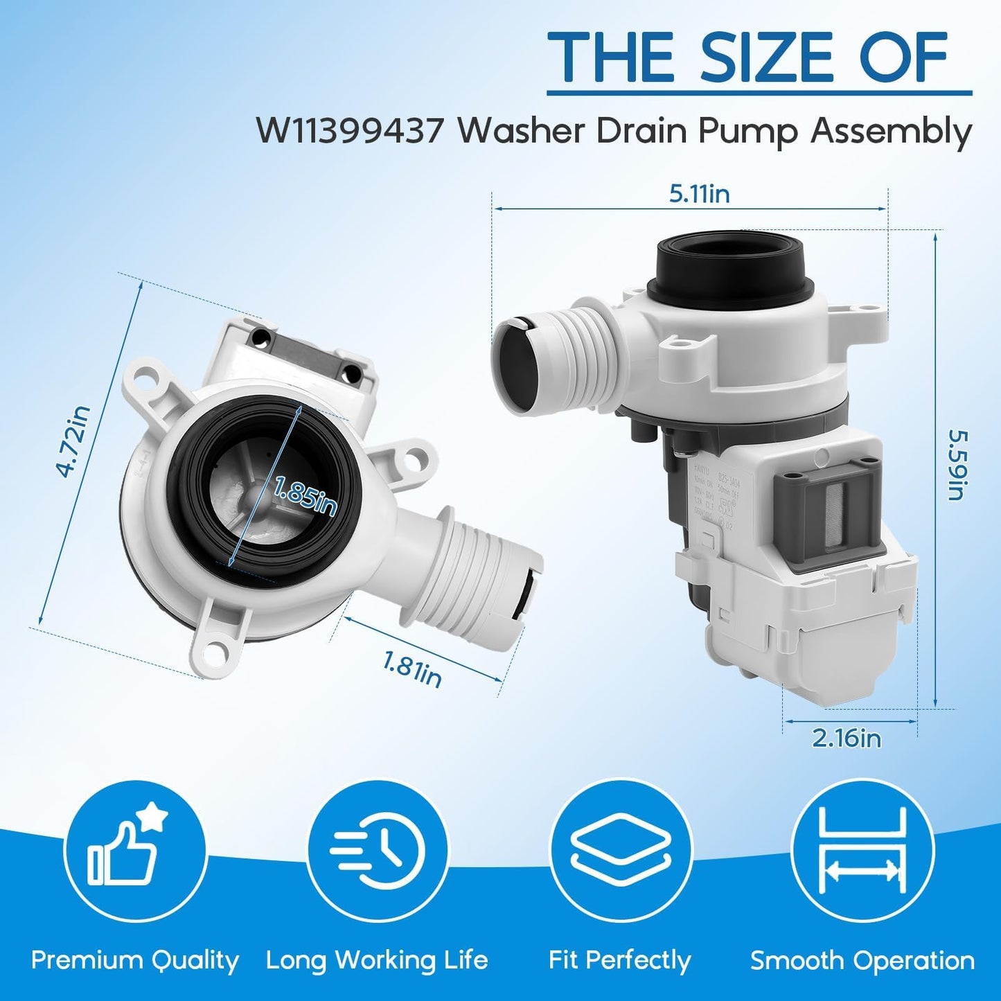Upgraded W11399437 W11259498 Washer Drain Pump Assembly for Whirlpool WTW5000DW3 WTW5010LW0 WTW5105HW1 WTW5057LW0, for Maytag MVW4505MW1 MVW5430MW0 MVWC565FW3 MVW6200KW1 Replaces 4961028 AP6974144
