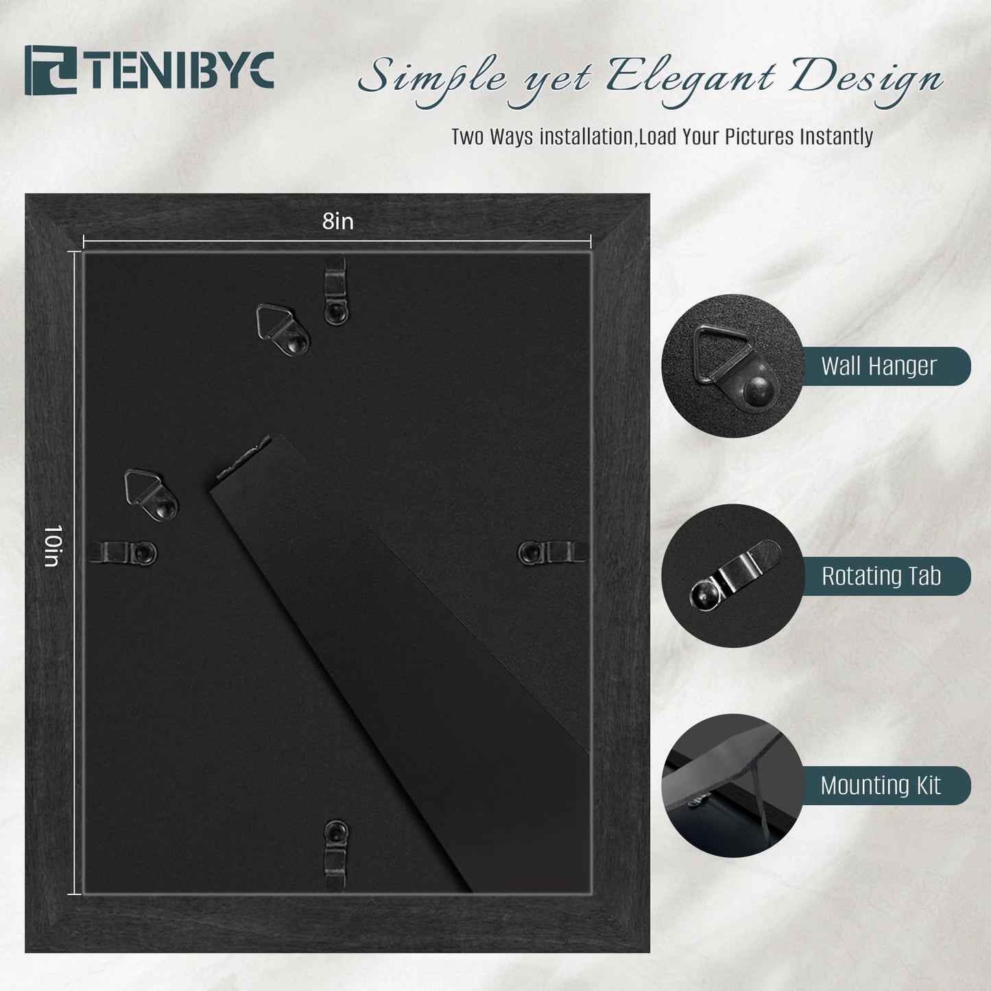 TENIBYC 8x10 Picture Frame 4 Pack, Black Wooden Textured, HD Tempered Glass, Gallery Photo Frame, Table or Wall Display