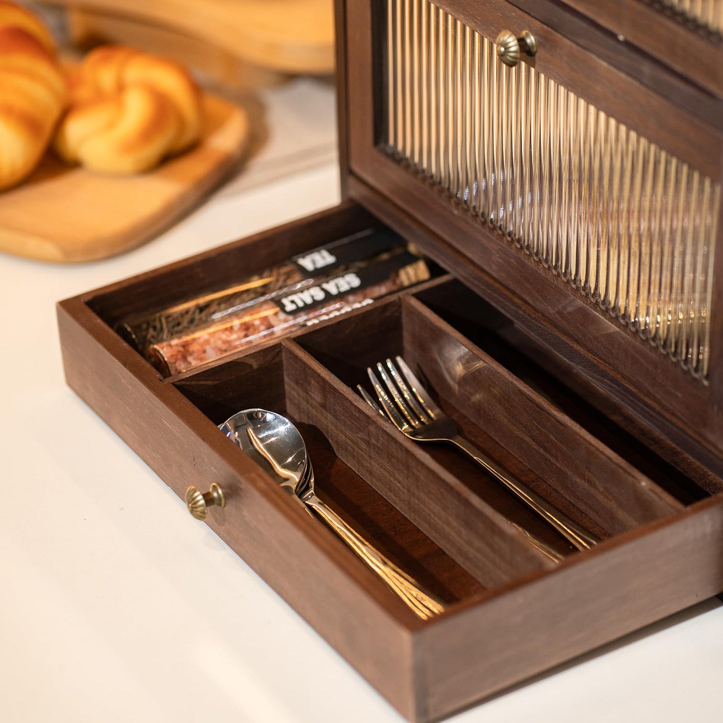CheerNest Solid Wood Bread Box for Kitchen Countertop with Drawer, 2-Tier Large Wooden Bread Storage Bin with Cutlery Organizer, Farmhouse Bread Keeper for Homemade Bread, Brown (50 Deli Papers)