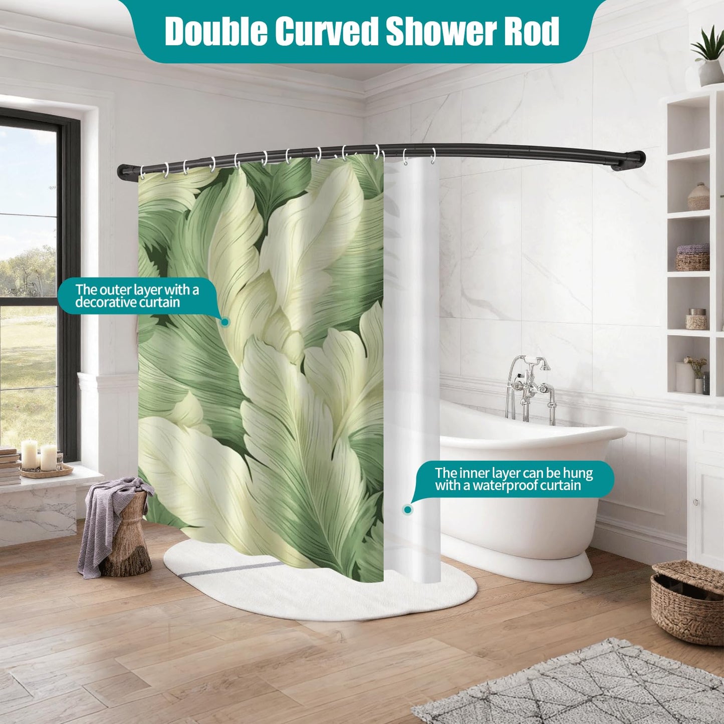 Anndason Double Curved Shower Curtain Rod 42 to 72 Inches Elegant Double Shower Curtain Rod Adjustable Wall Mounted Double Shower Curtain Pole for Bathroom (Black, 42 to 72")