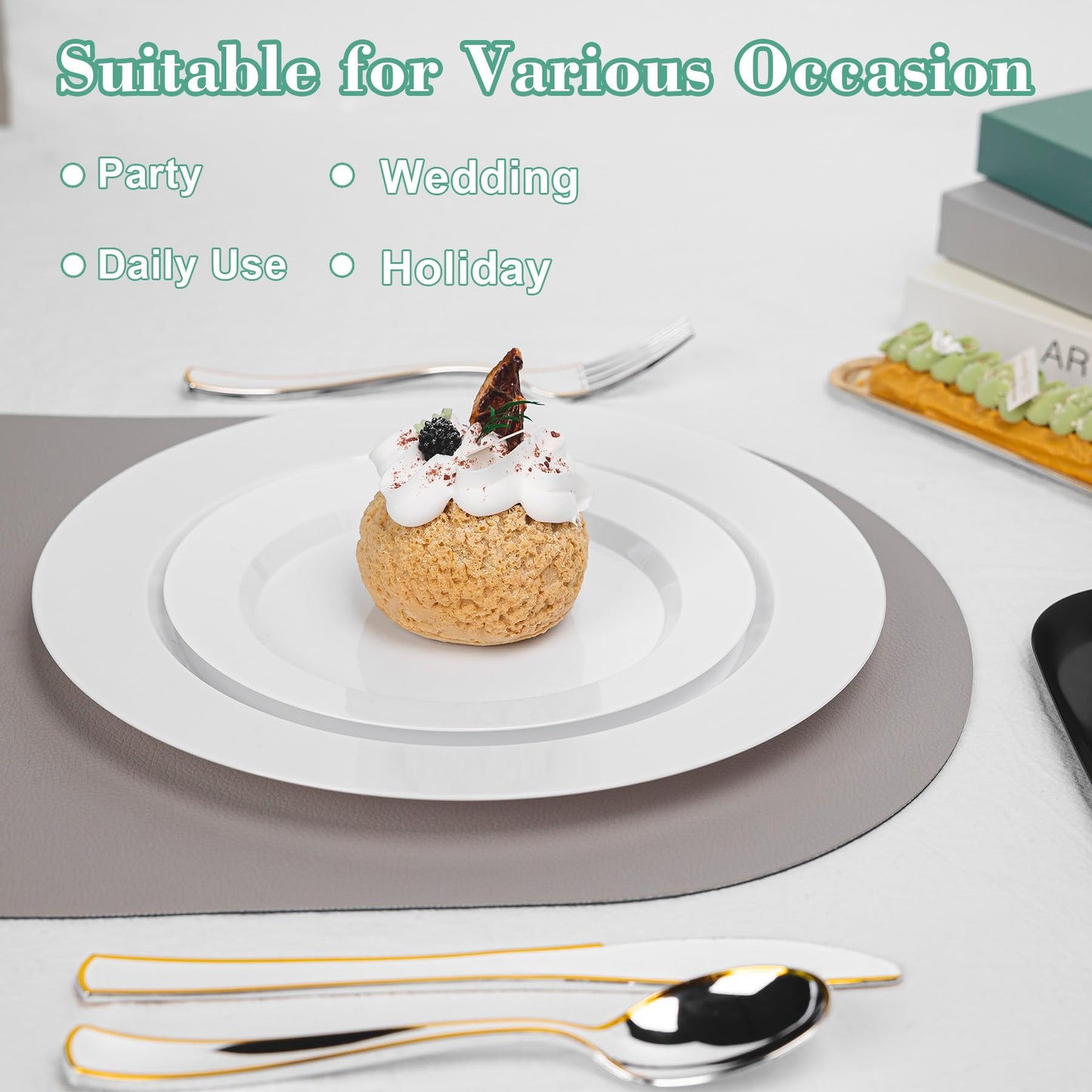 Ciselure 200PCS White Plastic Plates, Heavy Duty Plastic Plate Disposable, Include 100 Dinner and 100 Dessert Plates for Party and Wedding