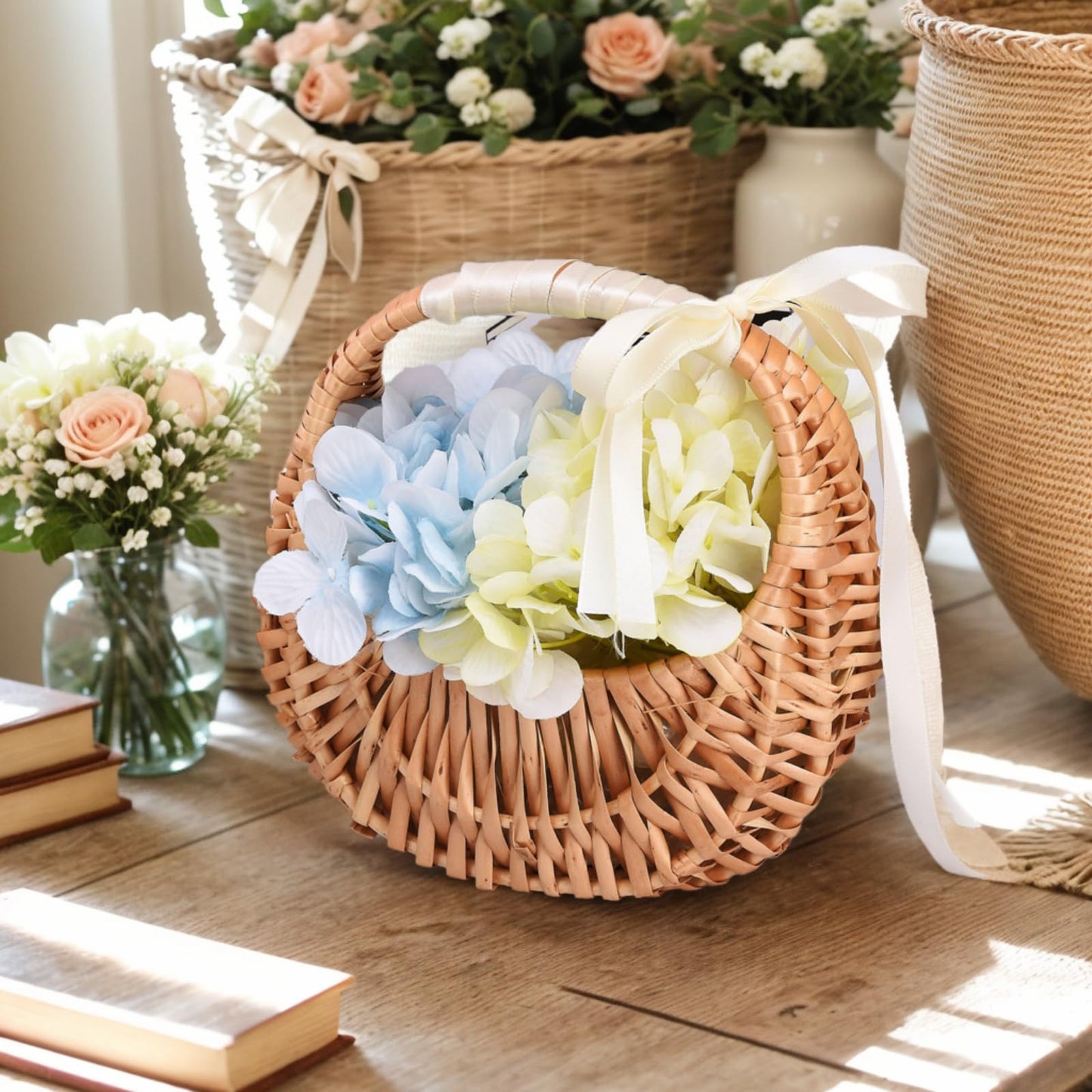 2 PCS Wicker Rattan Flower Baskets Small Half Moon Wicker Basket with Handle and Ribbons Wedding Flower Girl Straw Basket Willow Woven Storage for Wedding Party Decor(Brown) (2)
