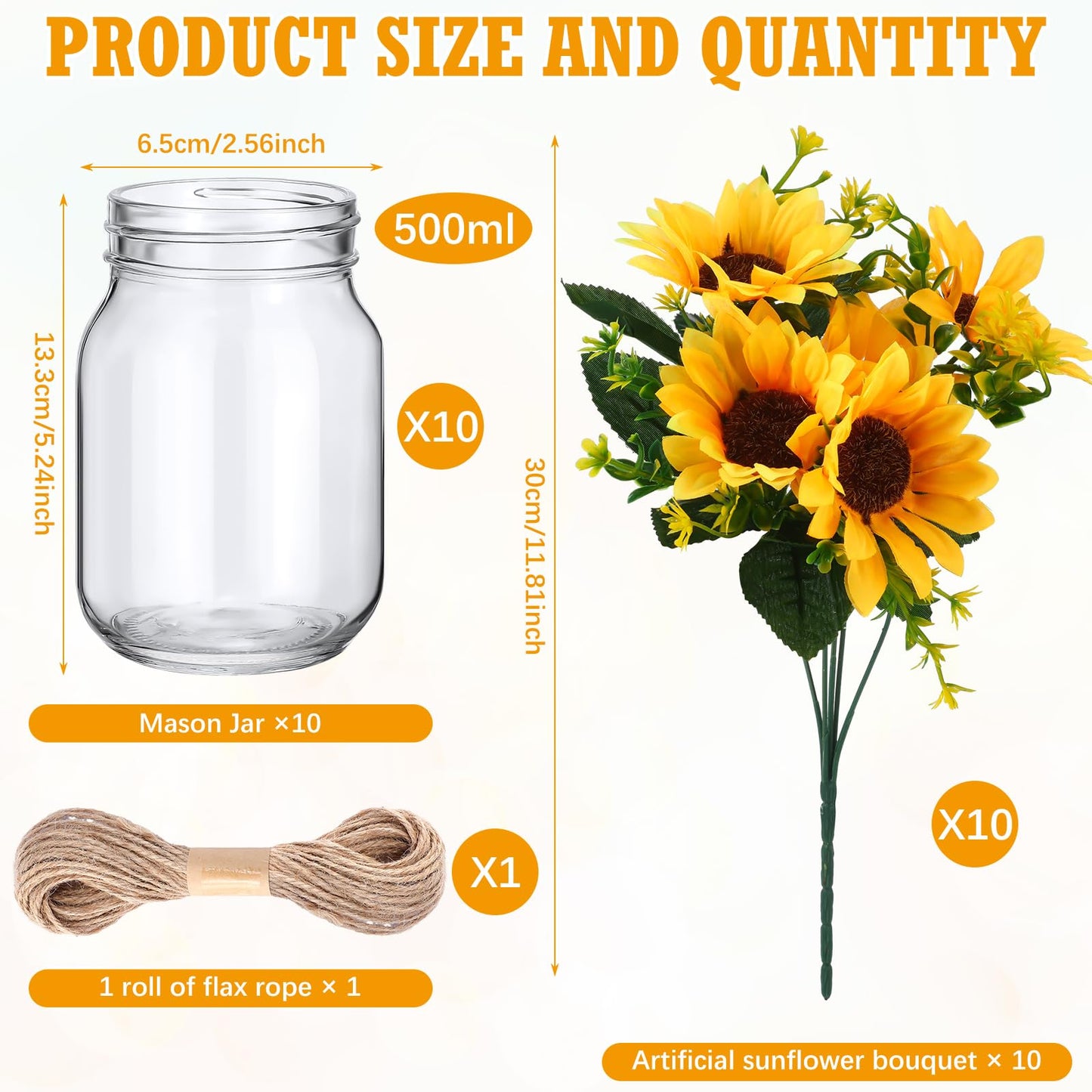 XunYee 10 Set Mason Jar Table Centerpiece with Flower Mason Jar Flower Centerpiece Vases Decor for Engagement Party Bridal Shower Wedding Reception Table Decor(Orange,Sunflower)