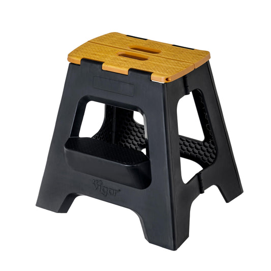Vigar Compact Folding Step Stool - 16 Inch 2 Step Foldable Step Stool for Adults, Lightweight Portable Stool with Handle, Non Slip Step Stool, Space-Saving Stool up to 330 lb - Black, Bamboo Print Top