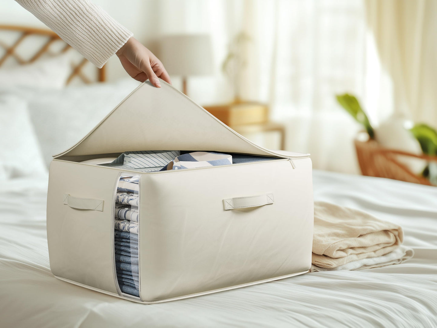 TomVista Large Canvas Clothes Storage Bags with Thick Handles and Clear Window, Foldable Cotton Linen Closet Organizer for Clothing, Blankets and Bedding, 70L, 6 Pack, Beige