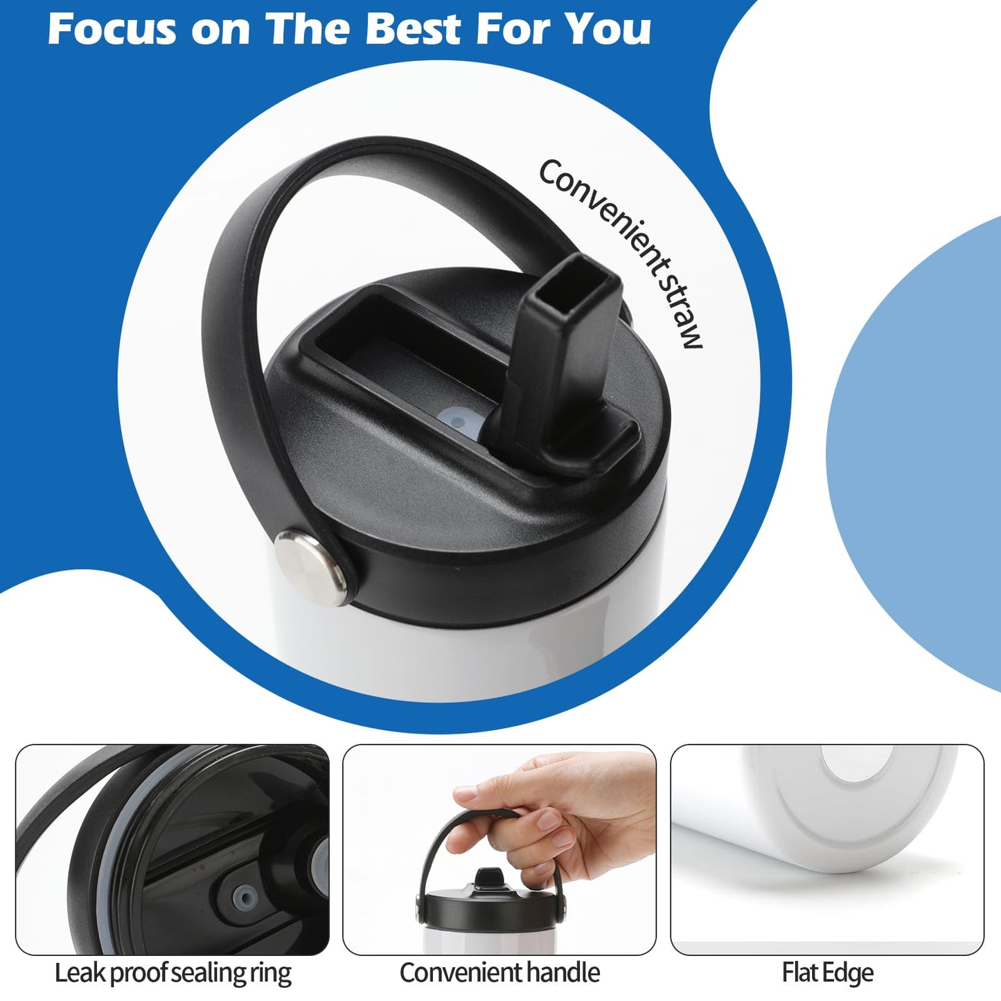 12 Pack Sublimation Tumblers Flat Edge Blanks Skinny Straight 20 oz, Stainless Steel Double Wall Insulated Sublimation Water Bottles with Portable Handle & Straw Lids for Heat Transfer, White