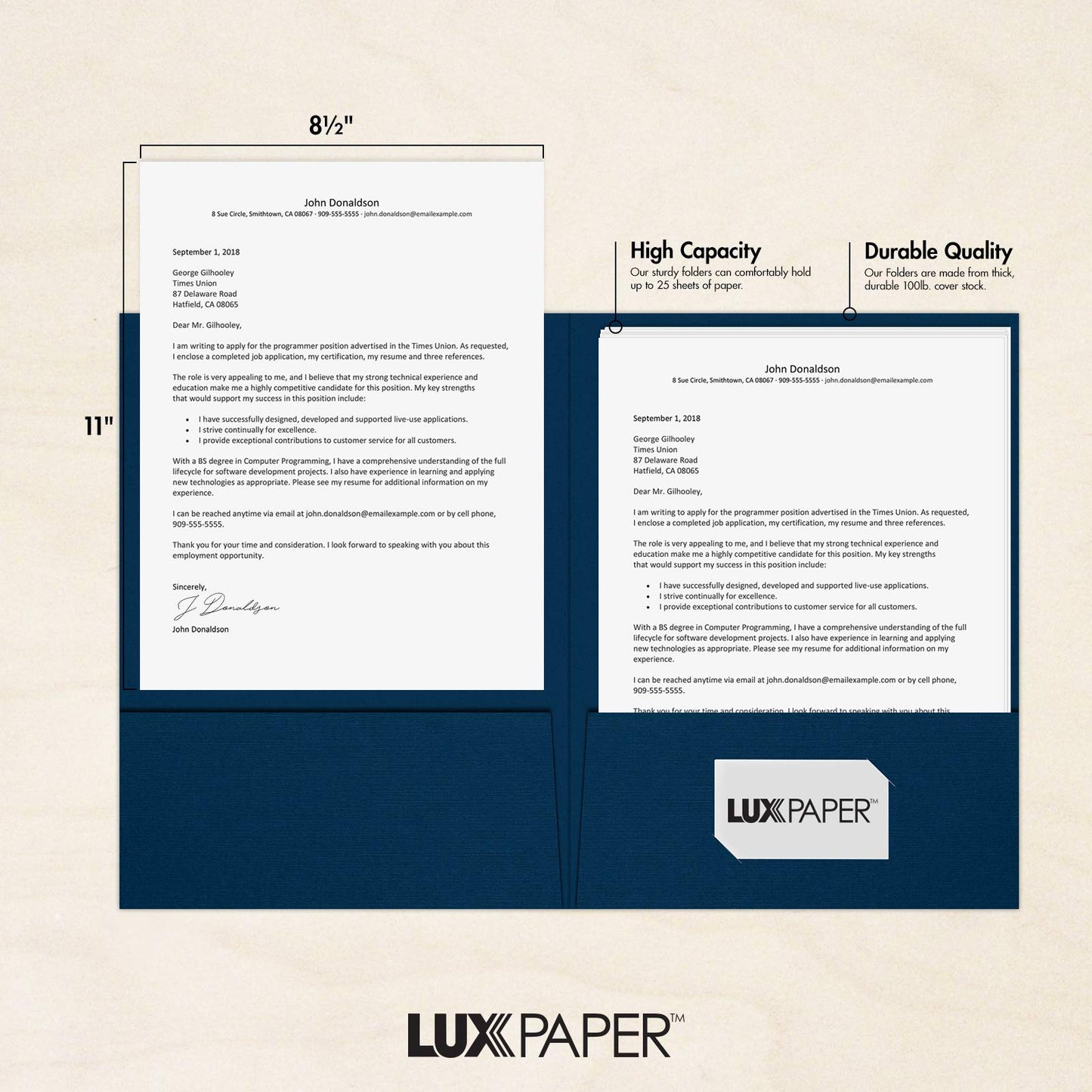 LUXPaper 9" x 12" Presentation Folders | Two Pocket | Nautical Blue Linen | 100lb. Cover | 25 Qty