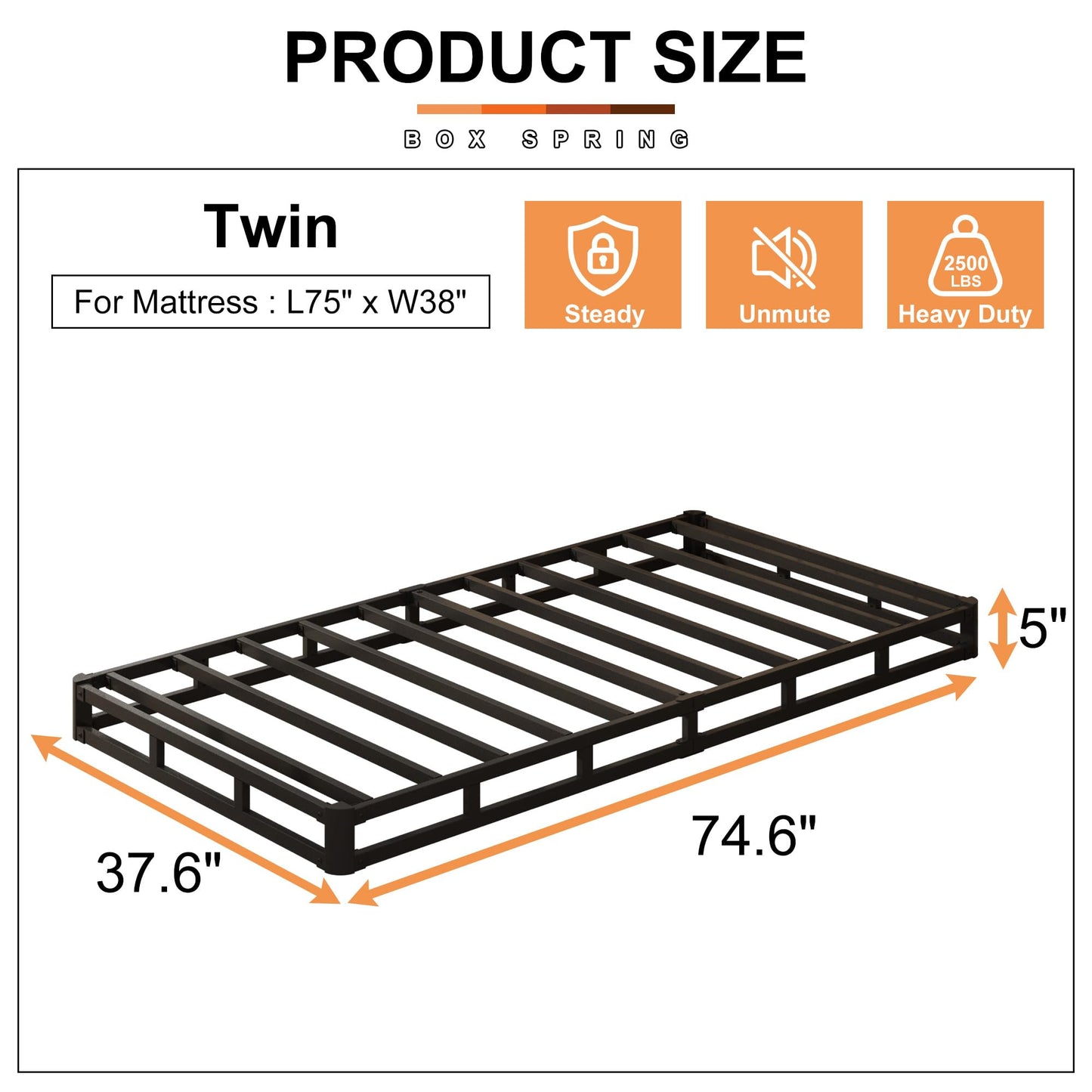EMODA 5 Inch Twin Box Spring Bed Base, 1500 LBS Heavy Duty Metal Mattress Foundation with Fabric Cover, Easy Assembly
