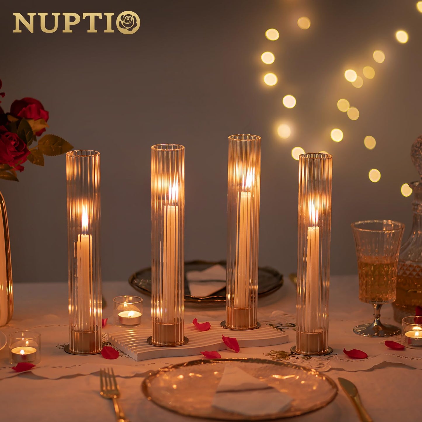 NUPTIO Hurricane Candle Holder for Centerpiece: Set of 10 Metal Taper Candle Holders with Fluted Glass Cylinders - Gold Candlestick Holders Bulk for Outdoor Party Dinner Wedding Table Decoration
