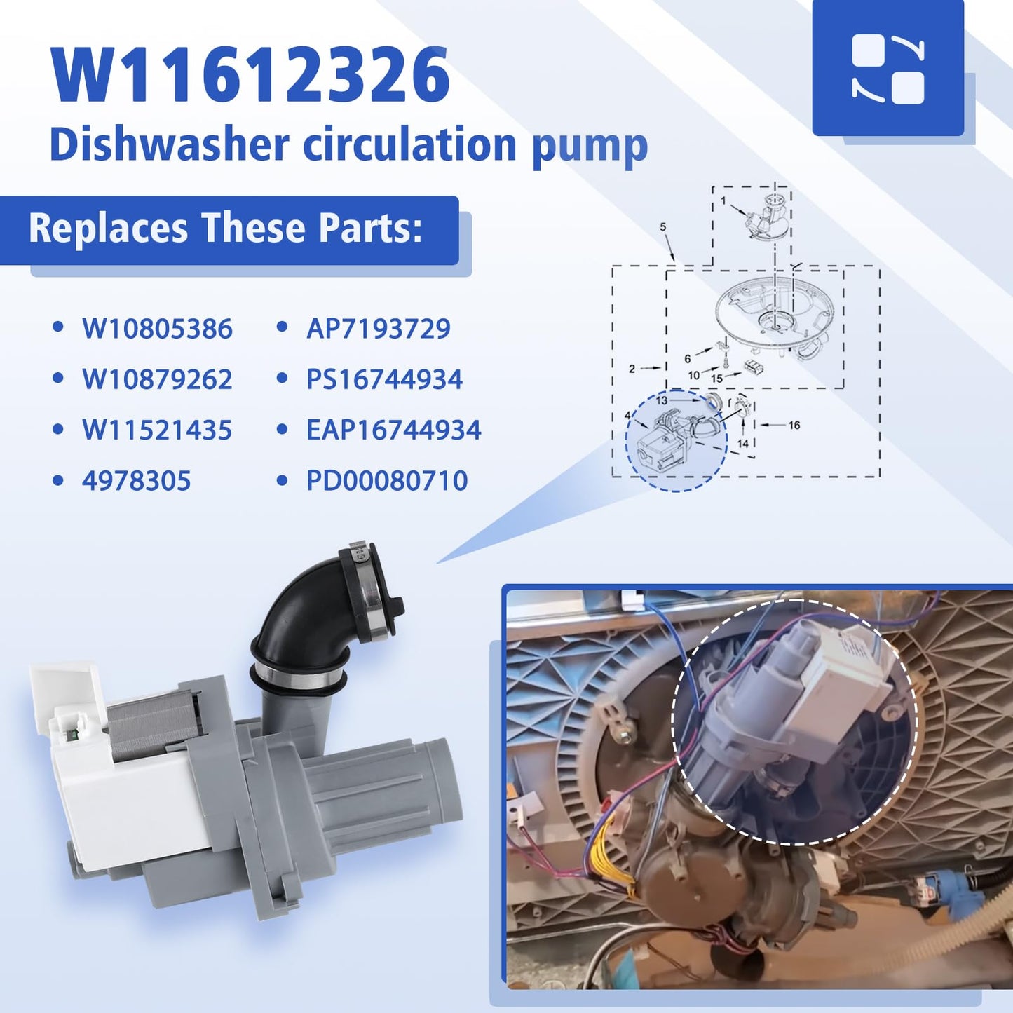 Upgraded W11612326 Dishwasher Circulation Pump Compatible with Whirlpool, Kenmore, Amana & Ikea Dishwashers, Replacement Part W10805386 W10879262 W11521435 4978305 AP7193729 PS16744934 EAP16744934