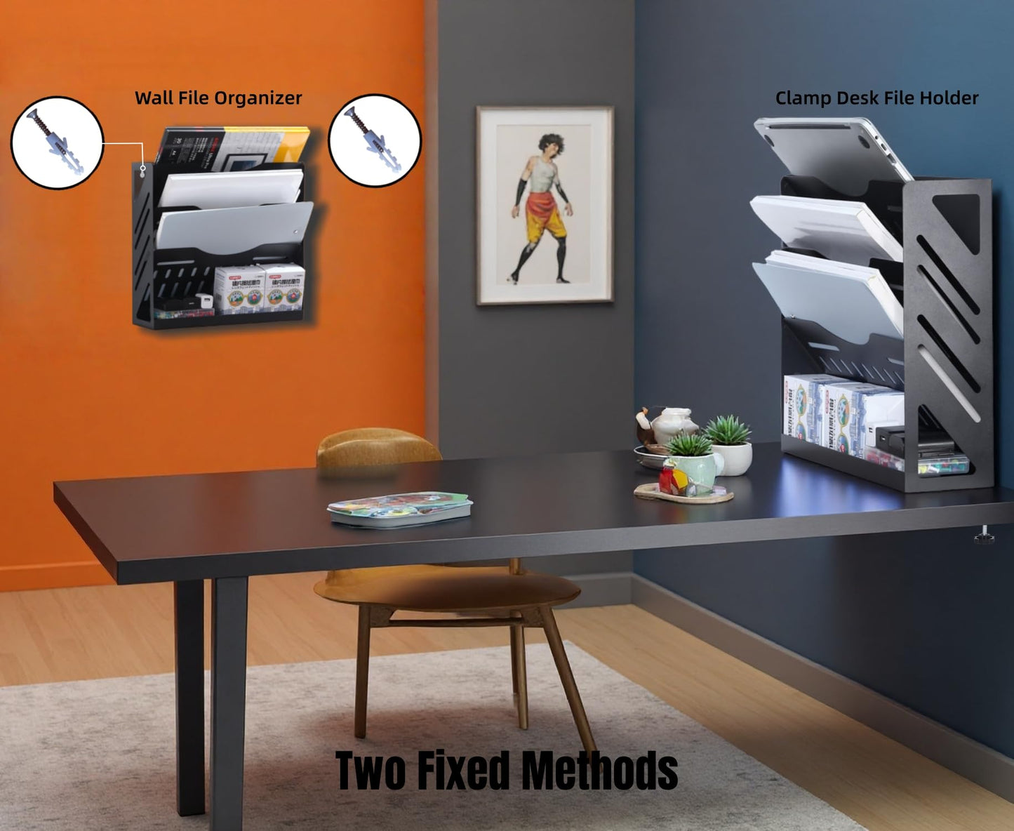 CanKing Metal File Organizer 13 Inch Paper Holder 4 Tier Hanging Mail Folders Clamp on Desk or Wall Mount for Office, Black