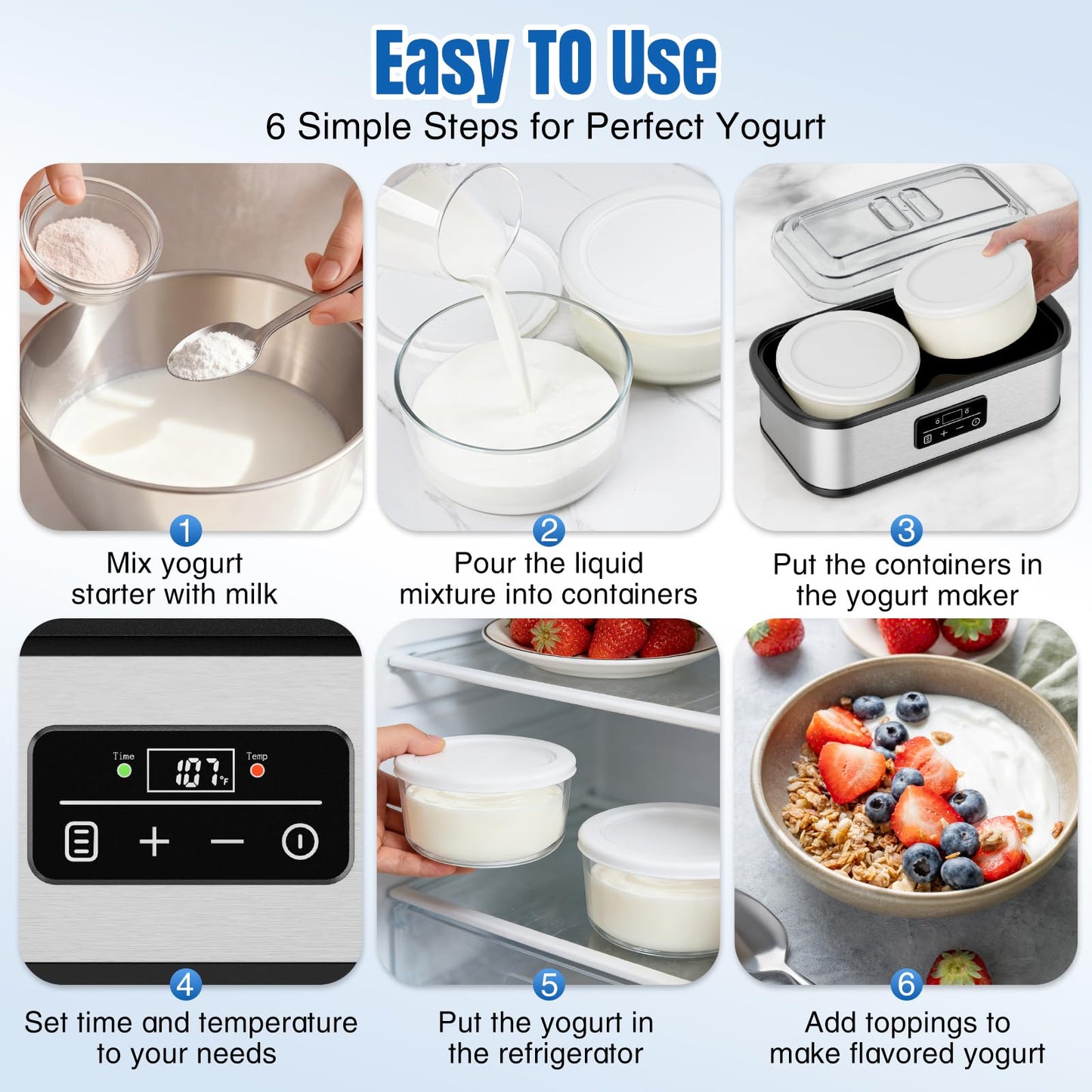 Yogurt Maker with 8 Glass Jars, Yogurt Maker Machine with Adjustable 1-48H Time & Temp Control, Make Healthy Yogurt with Full Probiotics
