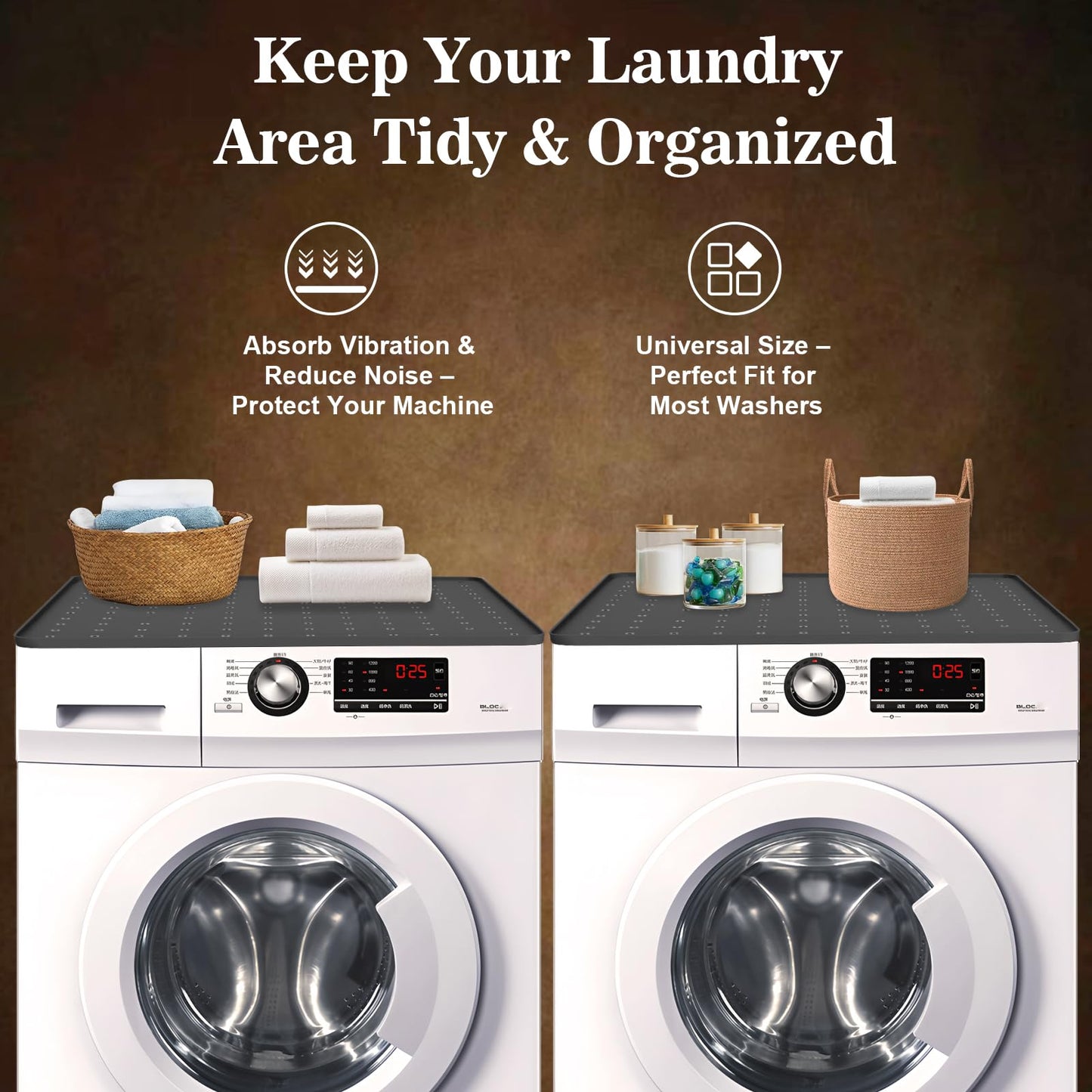26"x26" Washer Dryer Top Protector Mat, 2-Pack Silicone Countertop Cover with Raised Edge, Non-Slip Waterproof Laundry Protector Pad (BLACK)