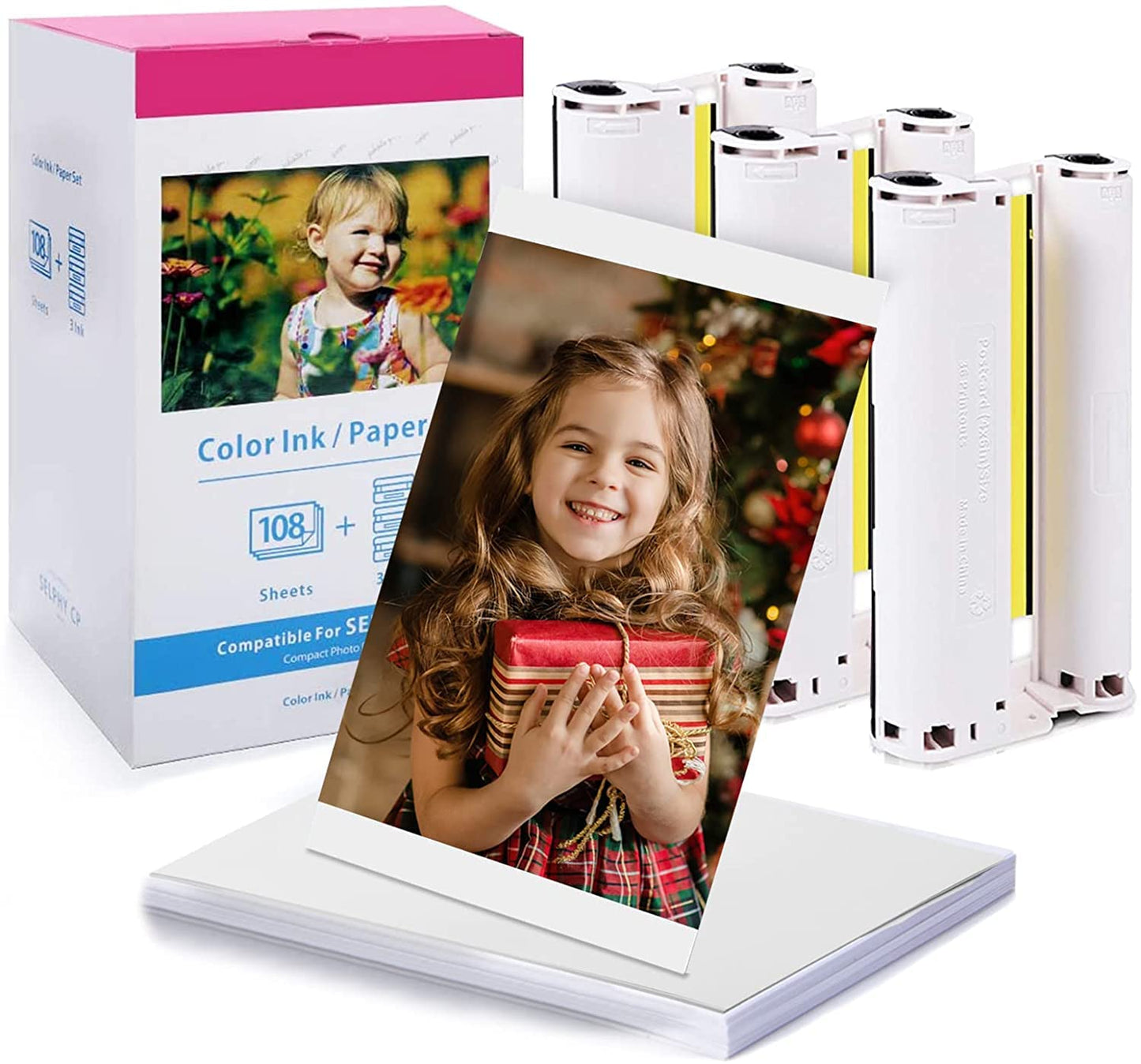 KP-108IN 4x6 inch Color Ink and Paper Set Compatible with Canon Selphy CP1500 CP1300 Ink and Paper 4 x 6 Inch 100mm x148 mm (3 Ink +108 Sheets Glossy Photo Paper)