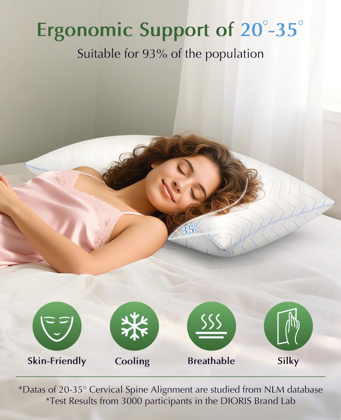 DIORIS Pillows Queen Size Set of 2, Cooling Bed Pillows for Sleeping, Breathable Down Alternative Microfiber Fill, 18 x 29 Inches, Medium Soft for Back Side Stomach Sleepers, Hypoallergenic