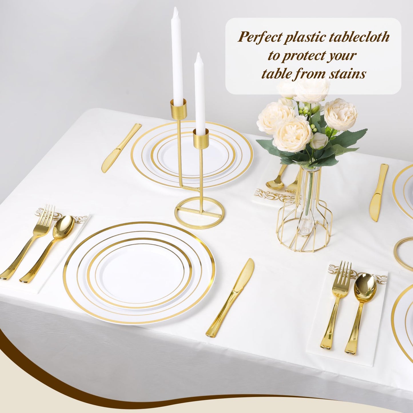 Goodluck 54 Inch X 300 Feet Plastic Table Cloths with Cutter Box, White Disposable Table Cover Roll, Plastic Tablecloth for Party, Banquet, Wedding, Birthday, Anniversary