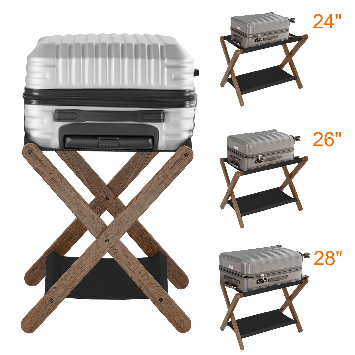 Heybly Luggage Rack, Folding Suitcase Stand with Storage Shelf, Luggage Holder with 5 Nylon Straps for Guest Room Bedroom Hotel, Walnut, HLR010WB1
