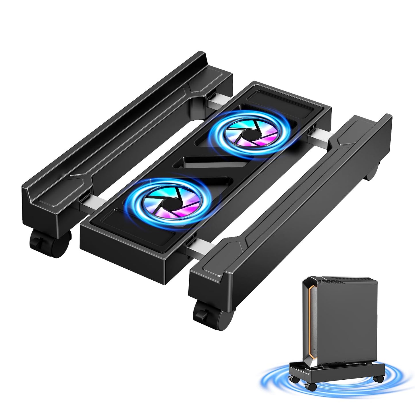 Adjustable Computer Tower Stand with Cooling Fan, Mobile CPU Holder with 4 Rolling Casters, Under Desk CPU Bracket PC Floor Cart PC Riser for Office, Home and Classroom. (Fan version)