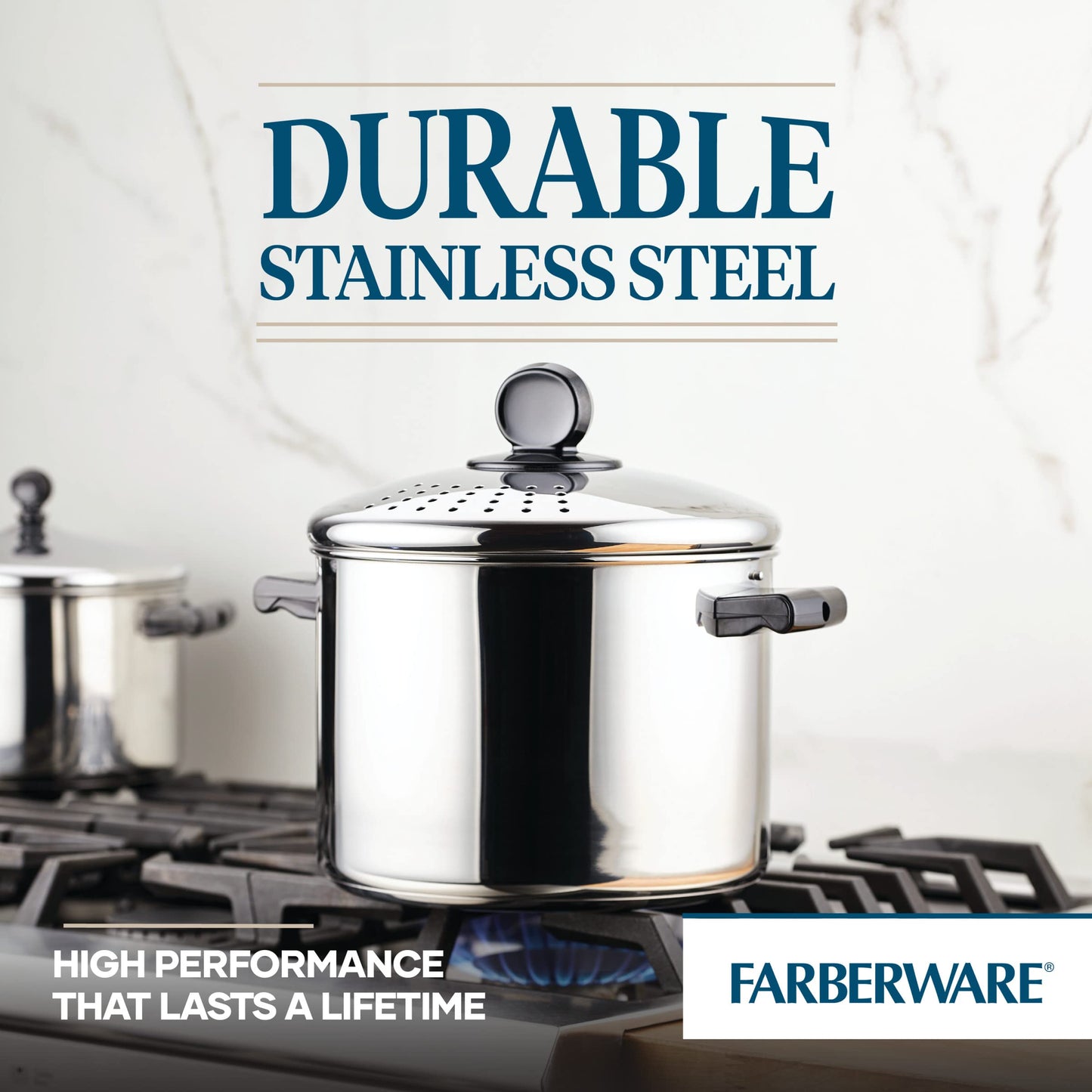 Farberware 70755 Classic Series Stainless Steel 8-Quart Covered Straining Stockpot with Lid, Stainless Steel Pot with Lid, Silver