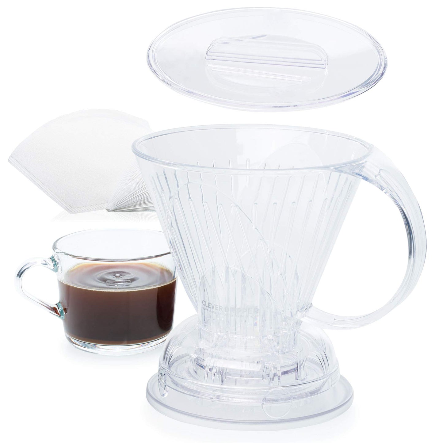 Clever Coffee Dripper and Filters, Large 18 oz| Barista's Choice| Safe BPA Free Plastic|Includes 100 Filters (Clear, 18 oz Large)
