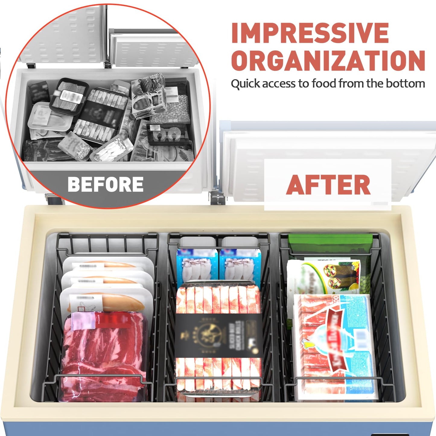 Goovilla Freezer Organizer Bins with Foldable Handle, 8 Pack Stackable Freezer Baskets for 3.5-7 Cu.FT Deep Chest Freezer Organization, Coated Metal Freezer Storage Bins with Better Space Utilization