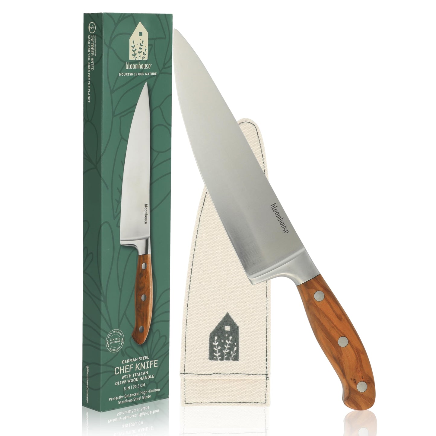 Bloomhouse - Two Time Oprah's Favorite Things Winner - 8-Inch Chef's Knife – German Stainless Steel Blade with Forged Italian Olive Wood Handle, Full Tang Kitchen Knife for Slicing, Dicing & Chopping