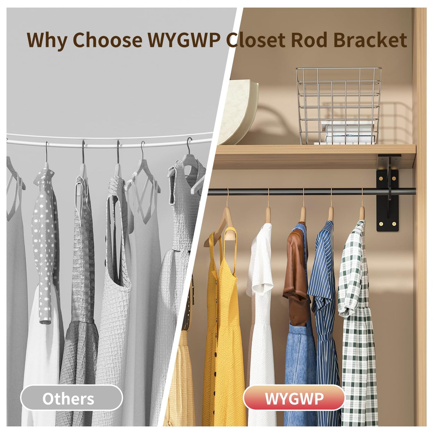 Closet Rod Brackets Heavy Duty Support 400 lbs WYGWP 10 inch Wall Mounted Closet Shelf Brackets with Rod Holder for Closet, Bathroom and Kitchen (4pack Black)