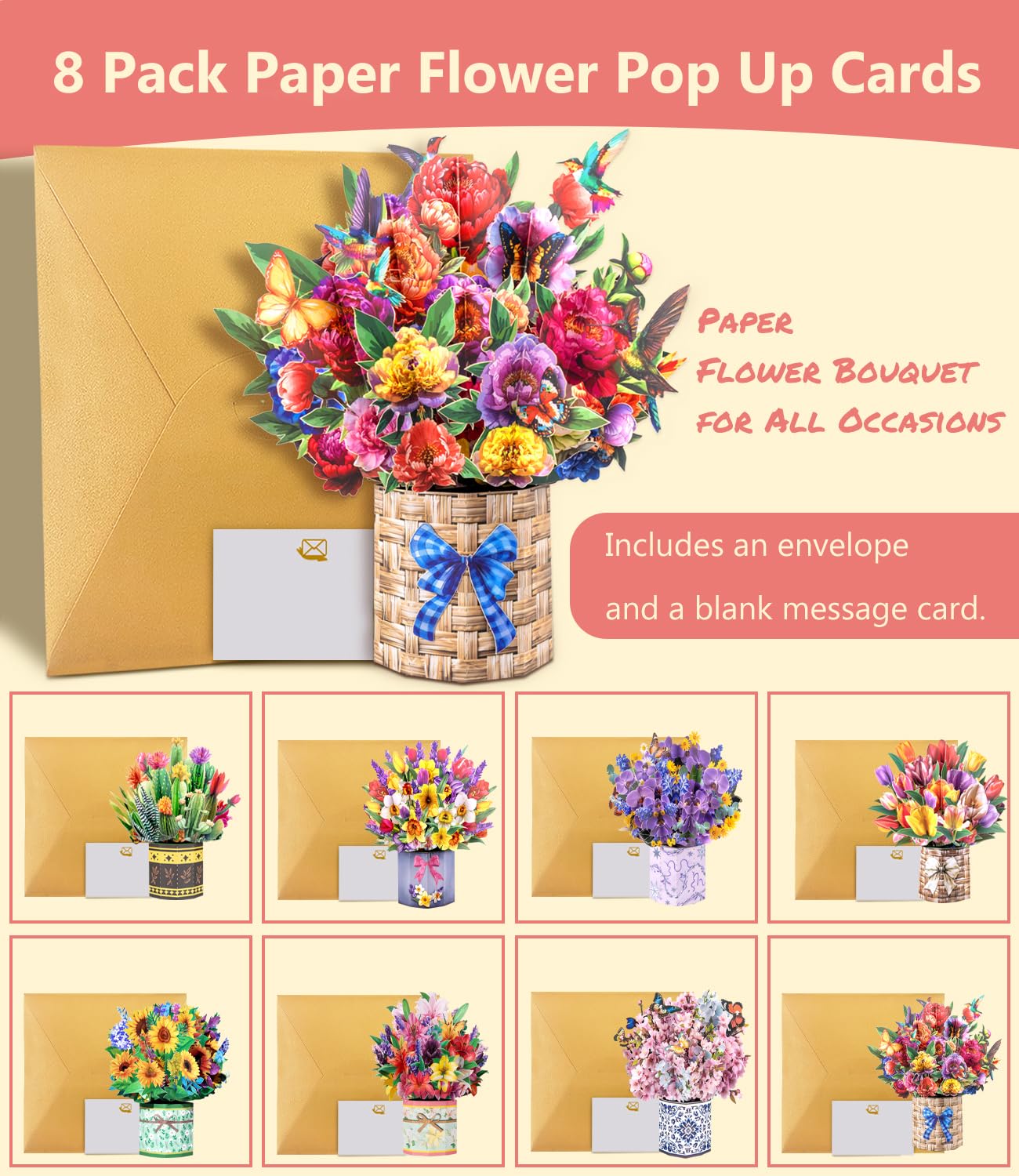Magic Ants 8 Pack 3D Pop Up Flower Bouquet Cards Assortment – Beautiful Spring Floral Greeting Cards with Envelopes and Black Notes –for Birthday, Mother's Day, Thank You, Get Well