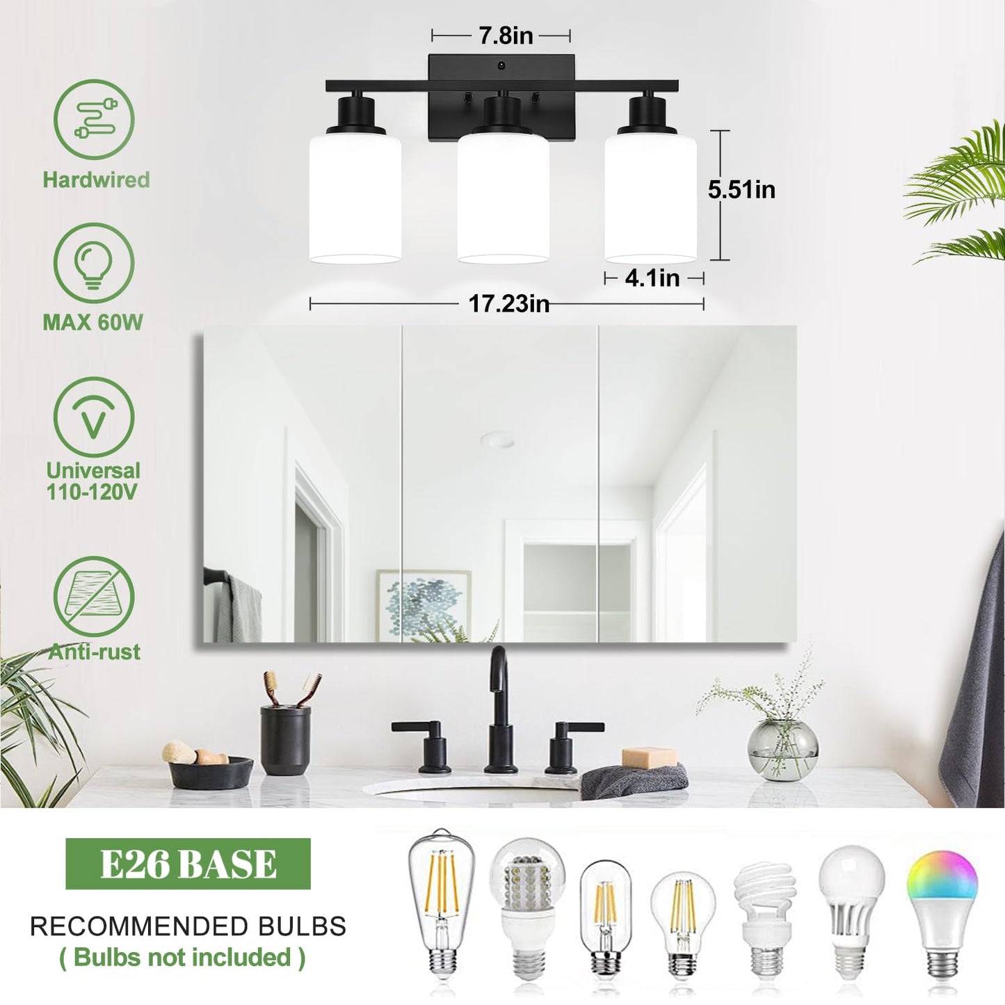 MOKATNG 3-Light Bathroom Light Fixtures, Vanity Light with Milky White Shades, Matte Black Bathroom Light Fixtures Over Mirror, Modern Bathroom Wall Lamp for Mirror Living Room Cabinet Bedroom