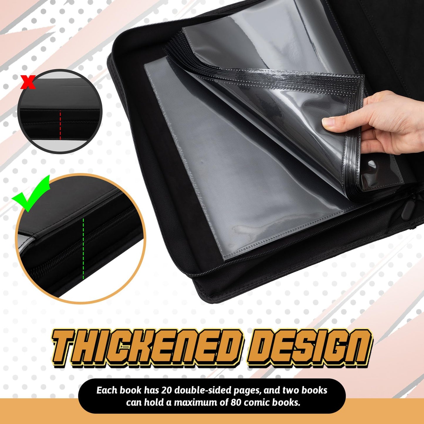 Zhehao 2 Pack Comic Book Binder, PU Leather Storage Album with 20 Double Sided Sleeves, Holds Up to Comics, Protective Display Organizer and Gift for Collectors, Fits Most Collections(Black)