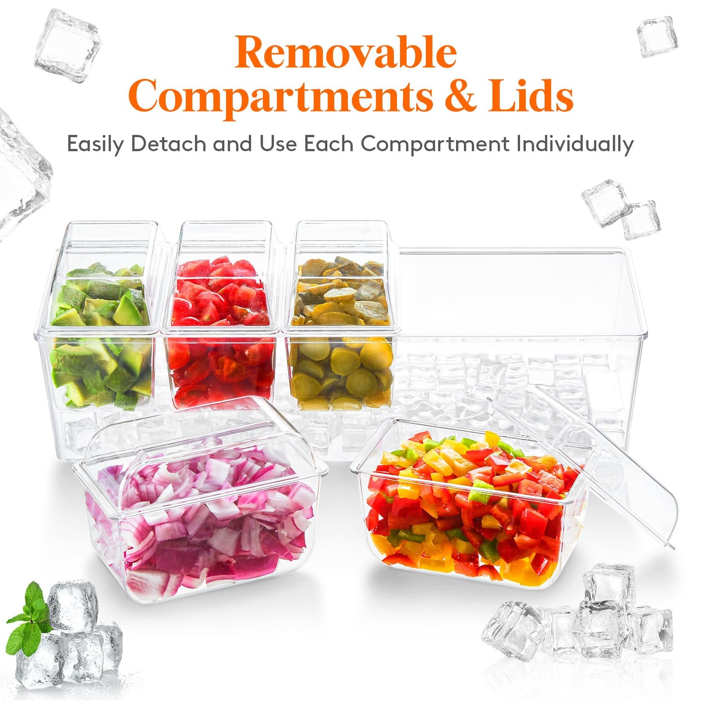 Lifewit 2 Pcs Ice Chilled Condiment Caddy with 5x20 oz Containers, Condiment Server with Separate Lid, Serving Tray Platter with Removable Dishes for Bar Fruit Salad Taco Party Garnish, 39 x13cm/15x5
