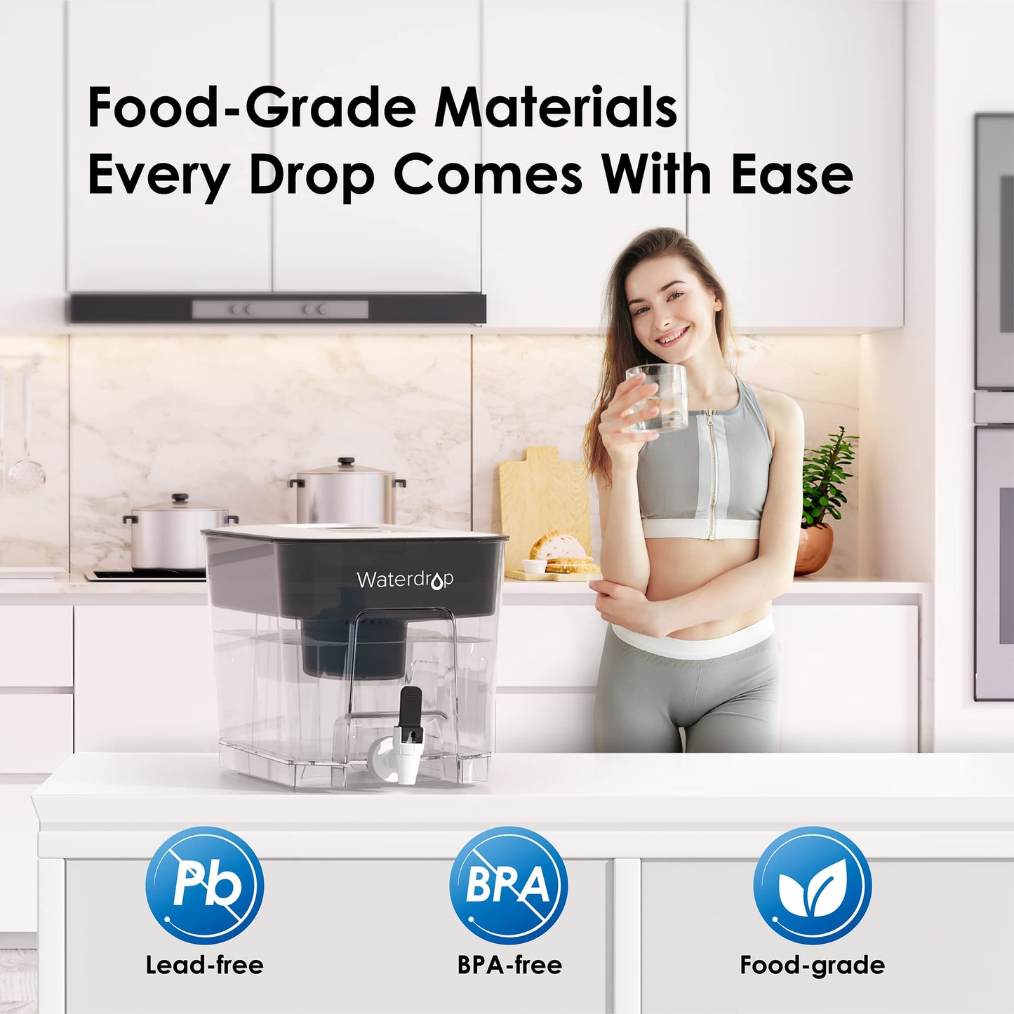 Waterdrop WFD-22L-A Alkaline Water Filter Dispenser, Large 40-Cup Water Filter Pitcher, Healthy, Clean & Toxin-Free Mineralized Alkaline Water, 100-Gallon, BPA Free, Black
