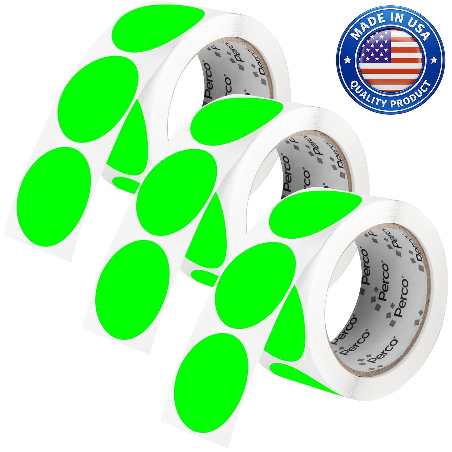 Perco Fluorescent Green Perforated Round Circle Dot Sticker 2-Inch Labels — 3 Rolls, 1,500 Stickers - in Stock, Ready & Promo Labels, High Visibility, Strong Adhesive—Made in USA