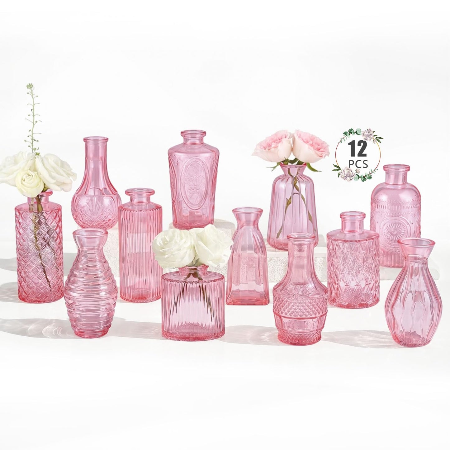 12 Pack Bud Vase in Bulk - BEAHOT Pink Flower Vases for Wedding Decorations, Glass Vase for Table Decorations, Small Vase for Home, Mother's Day, Centerpieces, Party, Office (Pink)