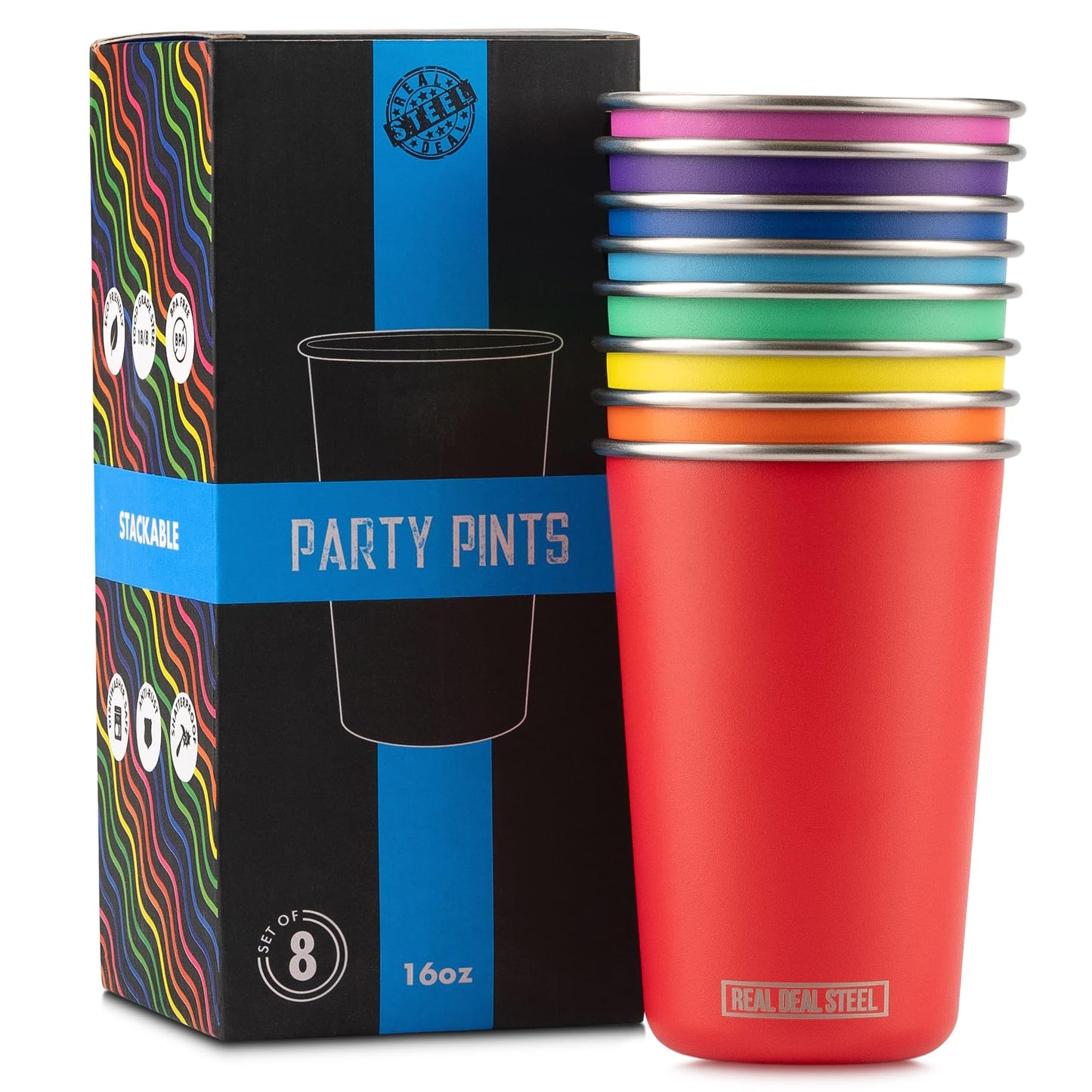 Real Deal Steel Rainbow Cups 16 oz Pint Cups, Stackable Tumblerrs, Eco Friendly Premium Metal Drinking Glasses
