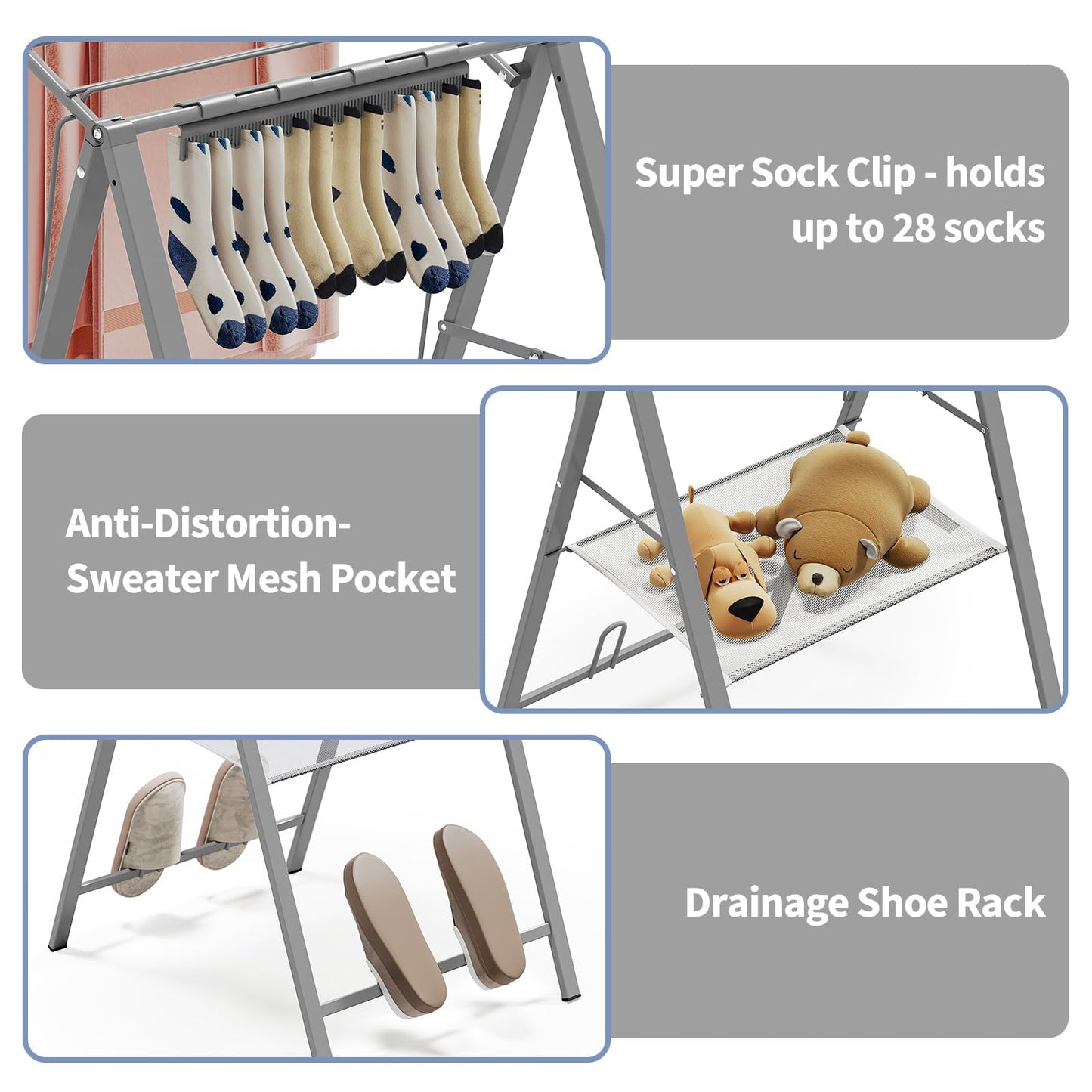 APEXCHASER Drying Rack Clothing, Clothes Drying Rack Foldable, Metal Laundry Drying Rack Collapsible for Sweater Towel Indoor & Outdoor, Height Adjustable Gullwing Clothes Airer, Grey