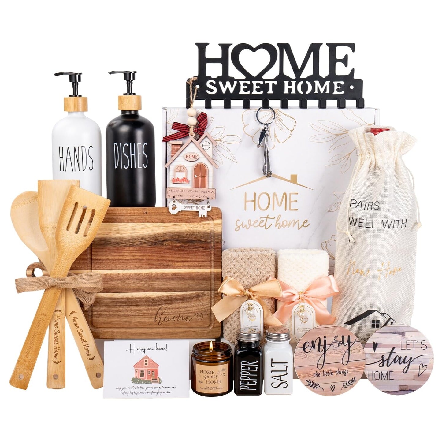 House Warming Gifts New Home, 19pcs New Home Gift Basket For Homeowners, Couple Women Neighbor - Includes Decoration, Kitchenware, Towel, Greeting Card, First Time Home Buyer Gift, Housewarming Gifts