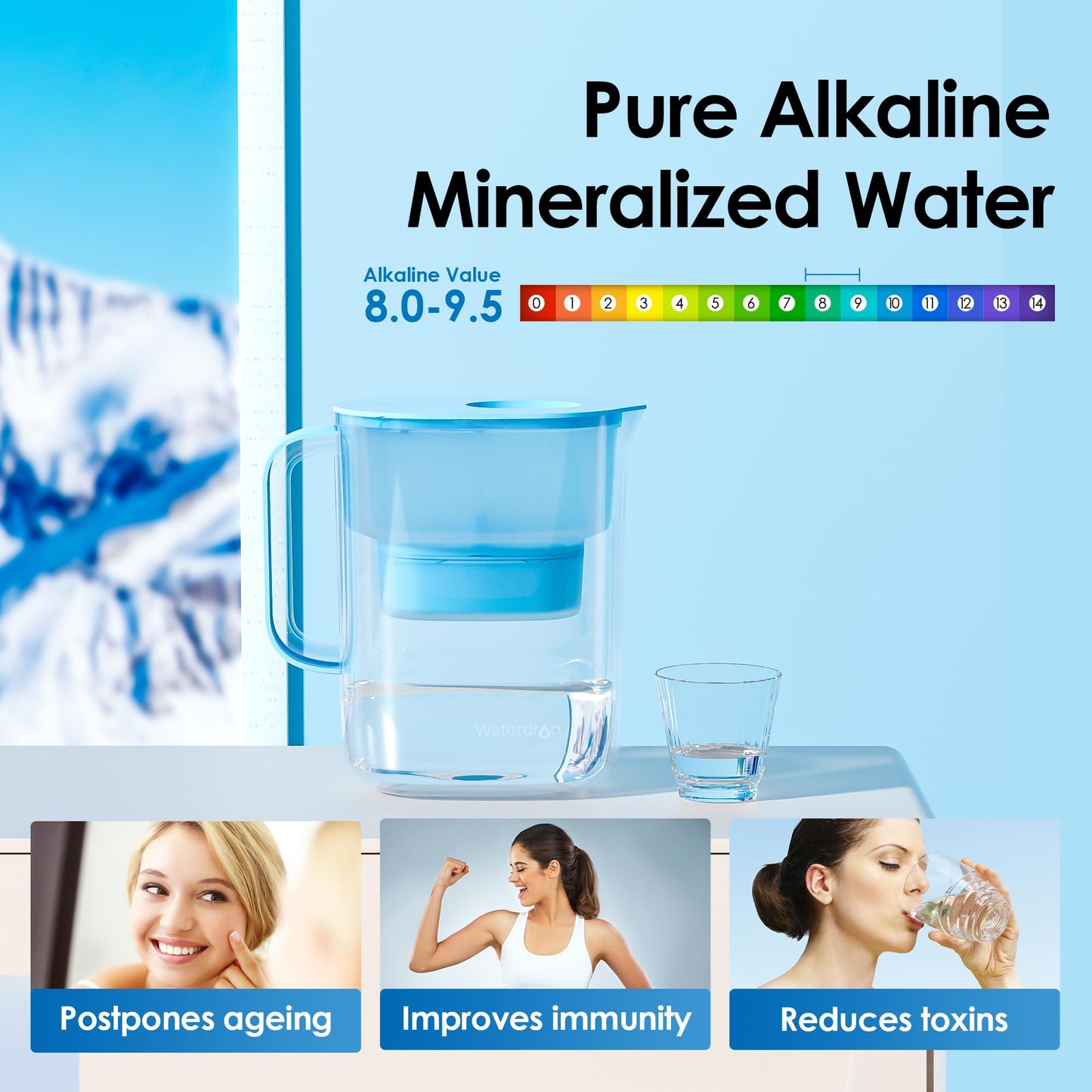 Waterdrop PT-07B-A Alkaline Water Filter Pitcher, 10-Cup, Healthy, Clean & Toxin-Free Mineralized Alkaline Water, Up to 100 Gallons, Improves Coffee Taste, Up to pH 9.5, BPA-Free, Blue