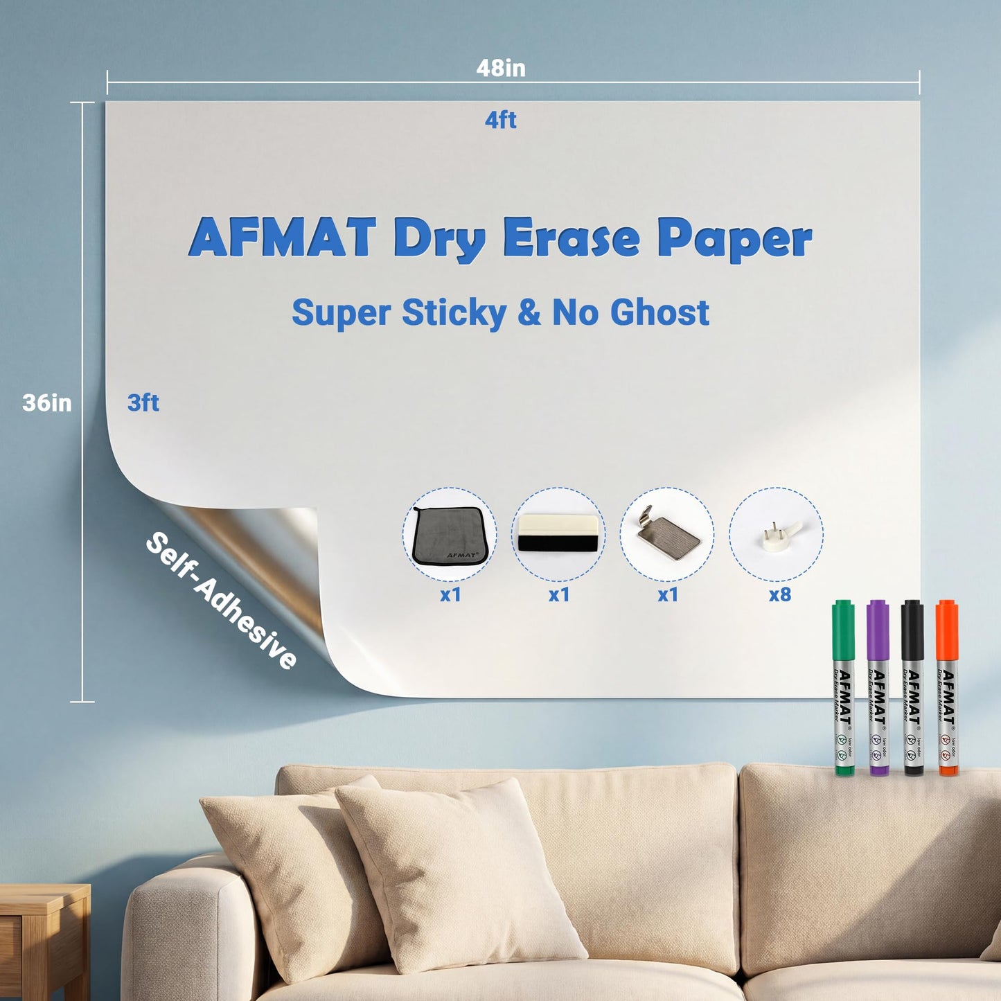 AFMAT White Board Dry Erase Paper, 48" x 36" Whiteboard Wallpaper, with 4 Markers, Stain-Proof & Super Sticky, No Ghost, 4' x 3' Peel and Stick Dry Erase Board Paper Roll for Wall/Home/Office