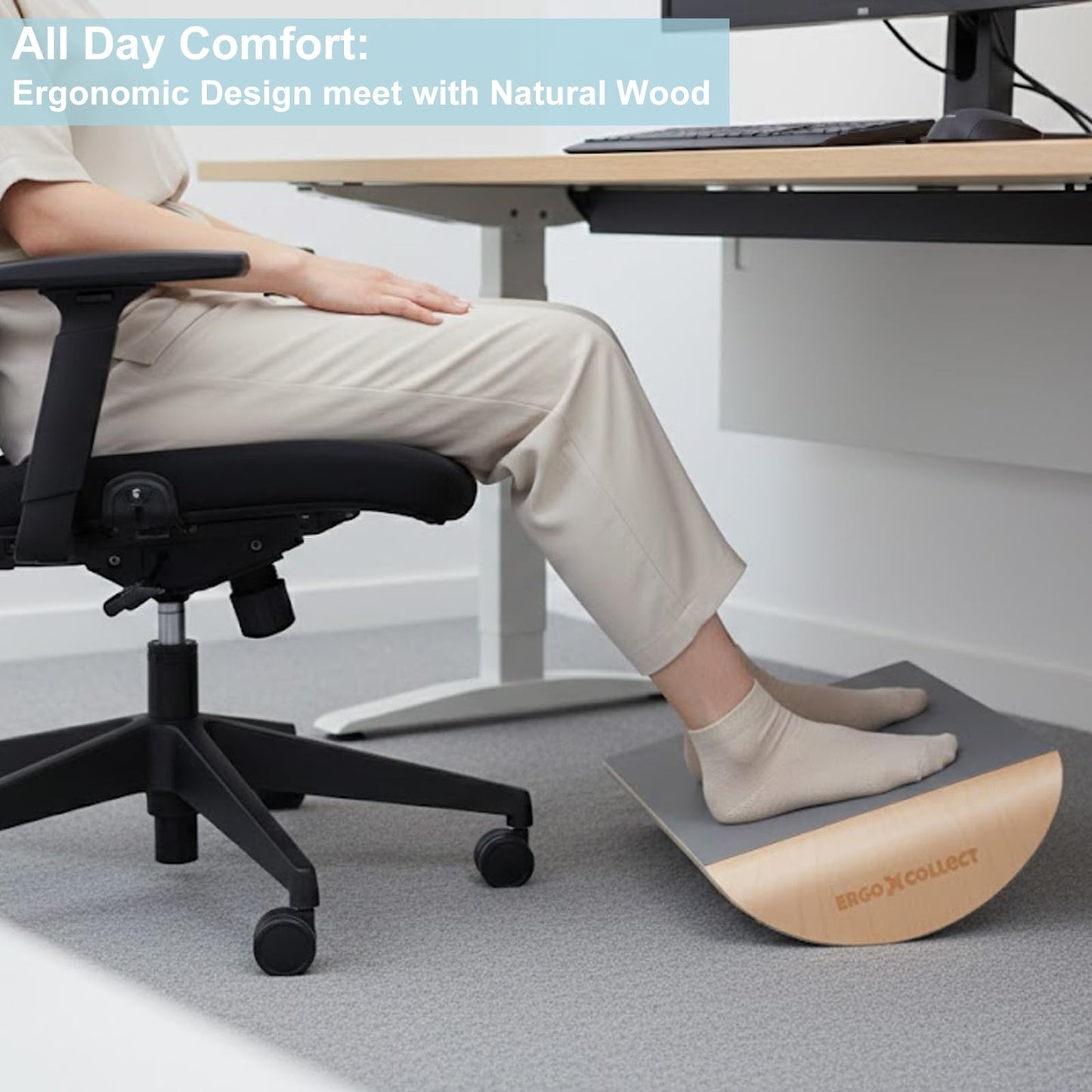 ERGO COLLECT Wood Foot Rest Under Desk, Ergonomic Rocking Footrest with Whole Piece Curved Solid Wood Base,Balance Board Active Sitting Desk Footrest for Office & Home, No Assembly