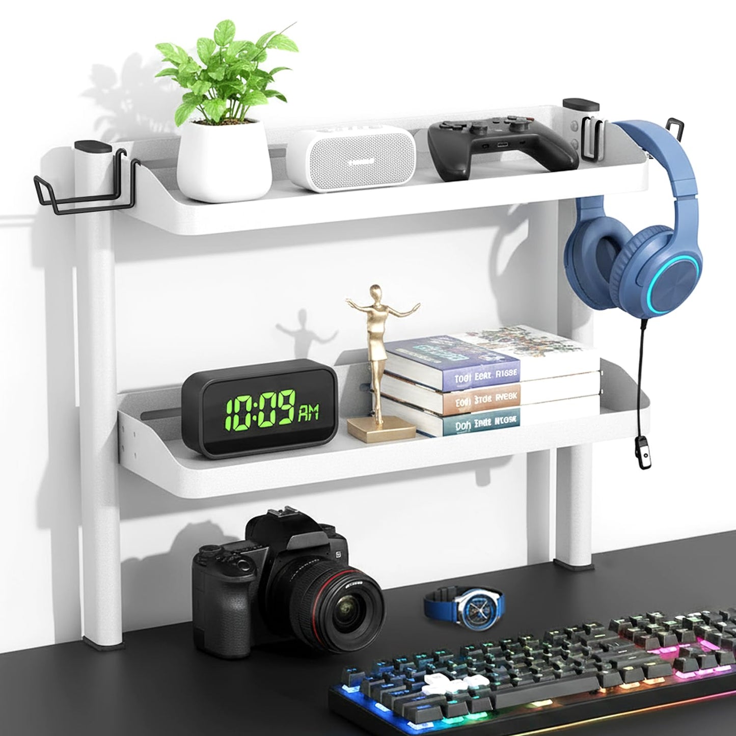 Clamp on Desk Shelf White, 2-Tier Office Desk Shelves Organizer, 17in Small Shelf for Top of Desk with Headphone Holder, Hooks, Desktop Storage Rack for Home Workspace, Study Rooms, Gaming Accessories