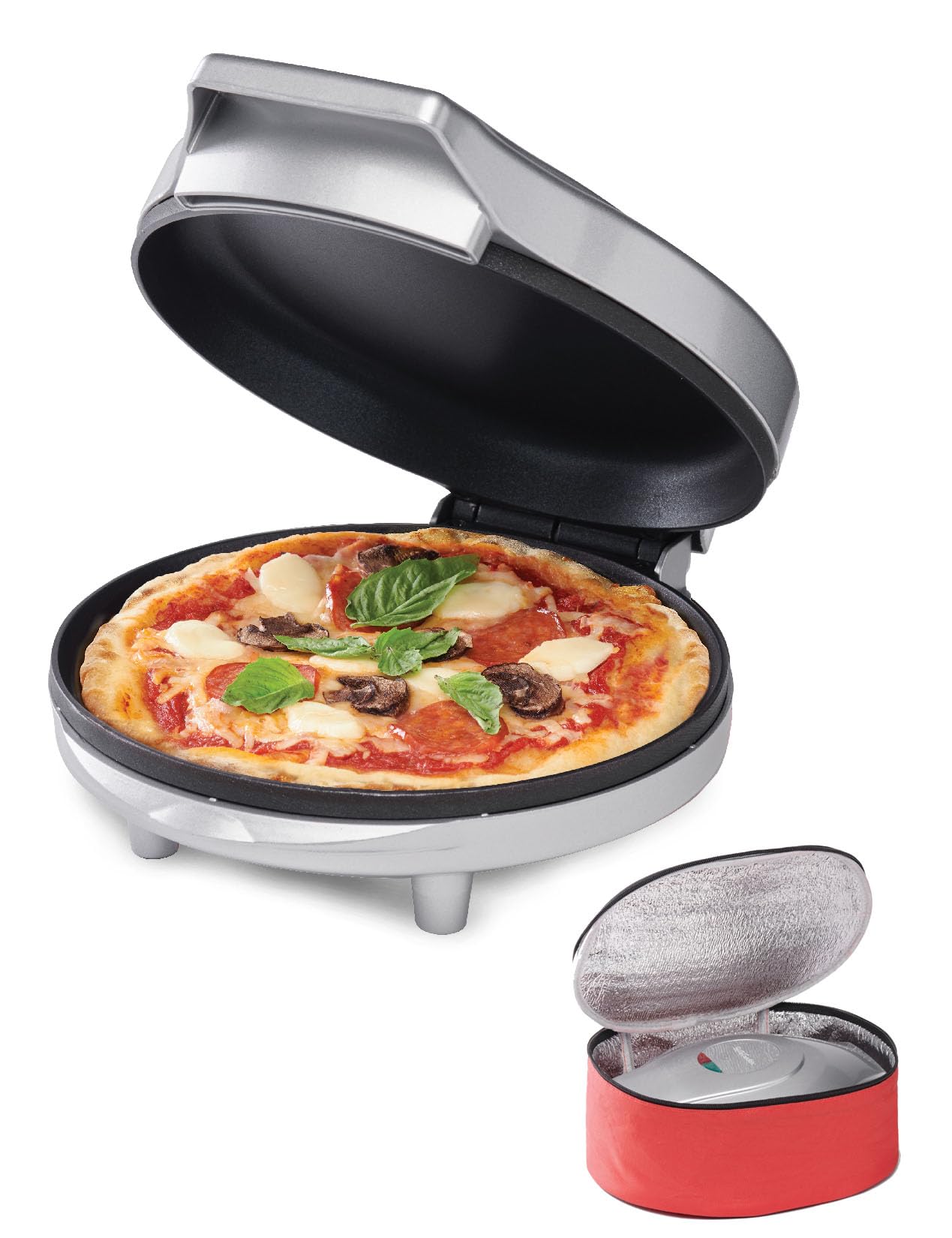 Betty Crocker 8" Travel Pizza Maker Plus, Indoor Electric Grill With Insulated Travel Bag, Nonstick Pan for Pizzas, Quesadillas, Nachos and more, Pizza Machine for Delicious Meals and Snacks, Silver